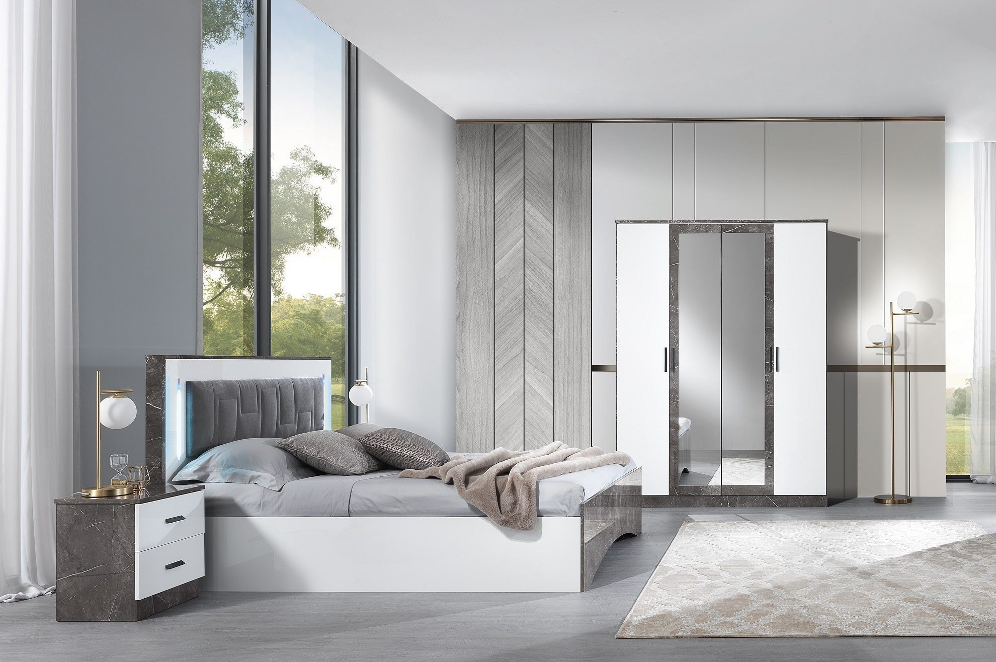 Interdesign24 Schlafzimmer-Set Iris, (4-Teilig, mit Kopfteilpolsterung, in Weiß/Grau Hochglanz), Made in Italy