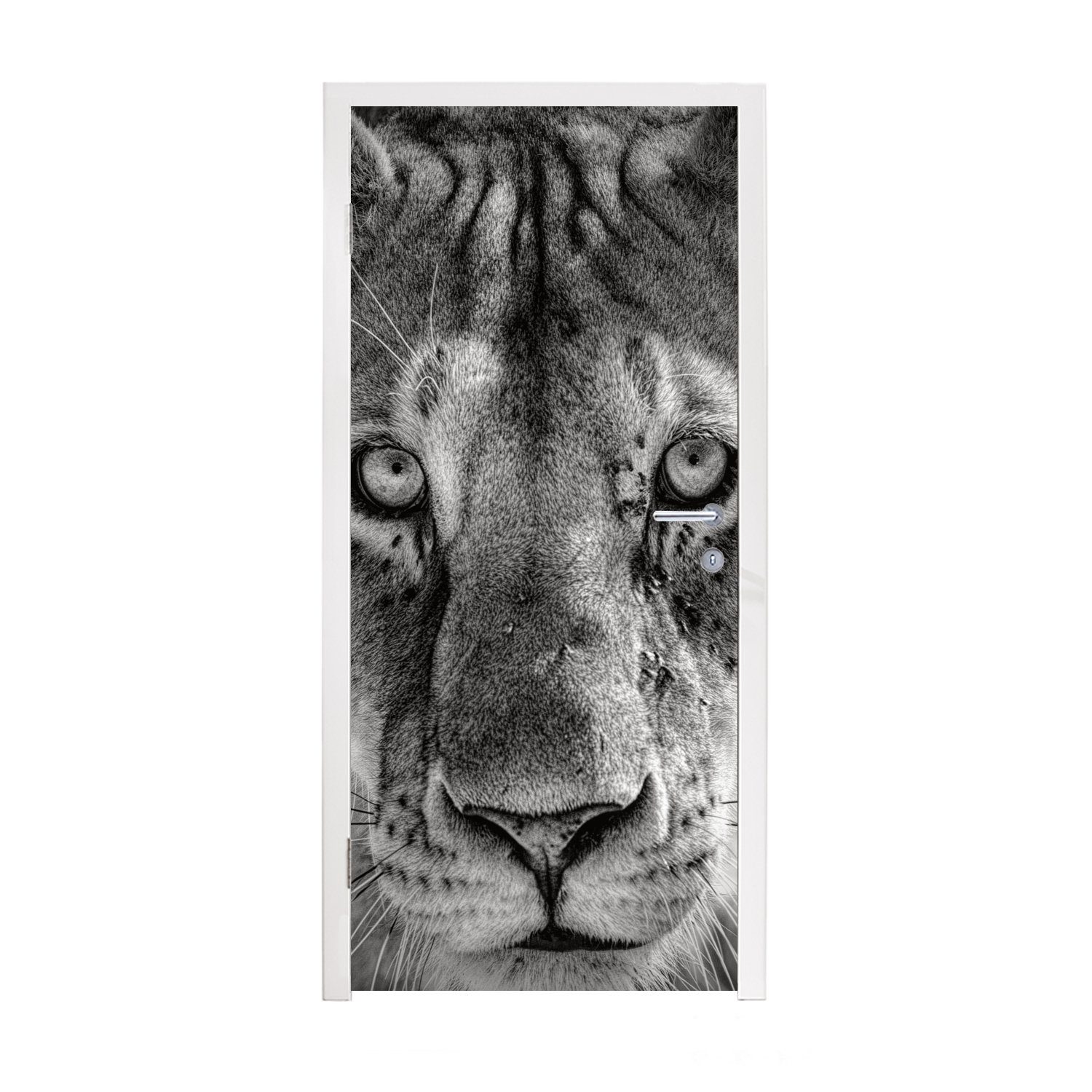 MuchoWow Türtapete Tierprofil Löwin in schwarz und weiß, Matt, bedruckt, (1 St), Fototapete für Tür, Türaufkleber, 75x205 cm