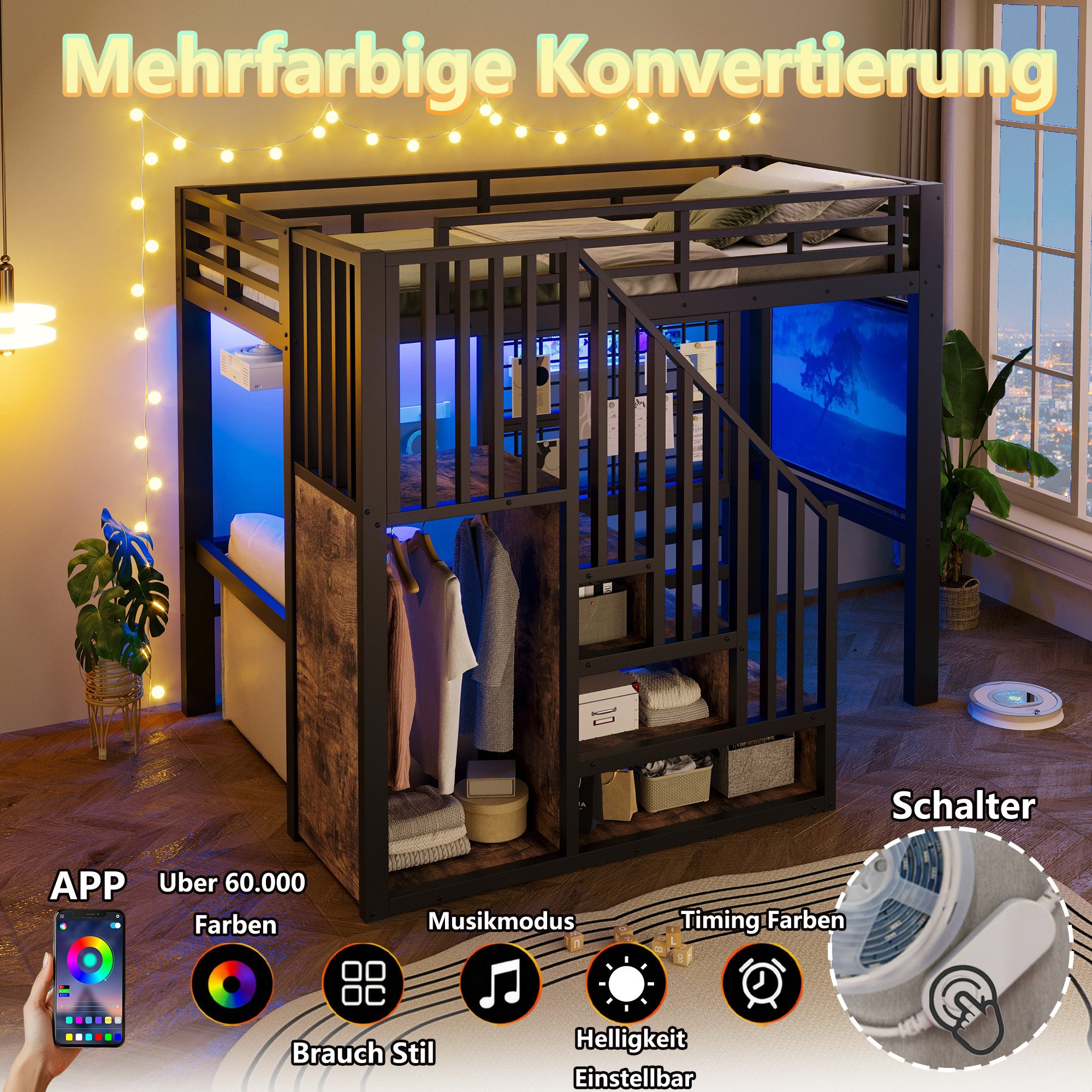 Flieks Hochbett projektoraufhängbar Metallbett 90x200cm mit Lichtstreife, Gitter und Stauraumtreppe