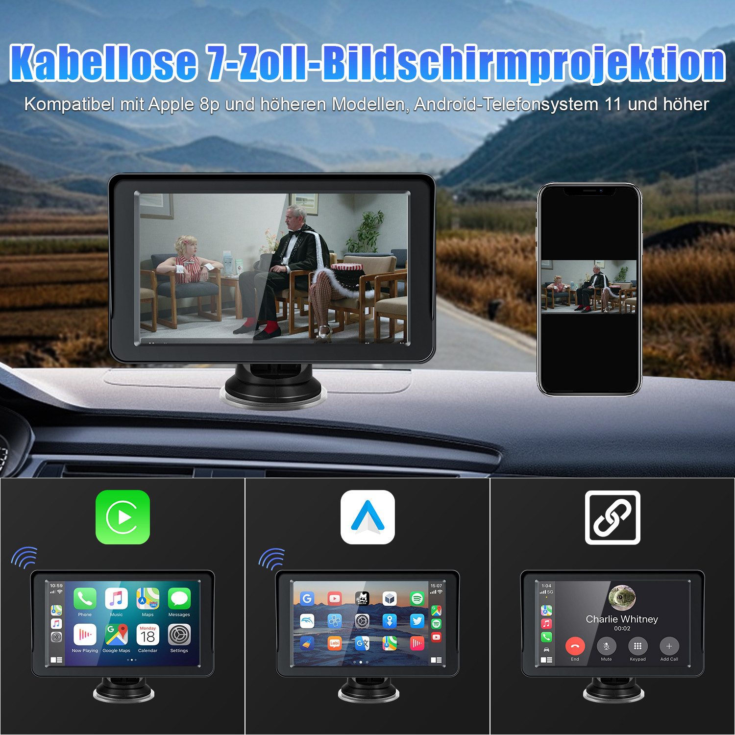 CkeyiN Pro Wireless Apple Carplay & Android Auto,7-Zoll Touch Screen, Navigationsgerät (mit Mirror Link, IP68 waterproof,Unterstützt GPS von Mobiltelefonen)