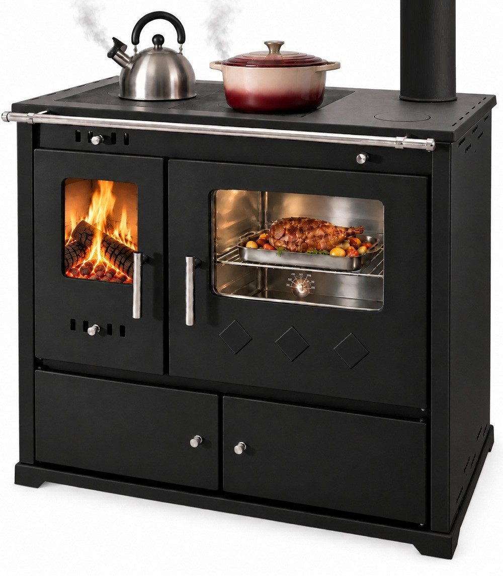 Prometey Kaminofen XL-Küchenofen PR LUX INOX schwarz, rechts mit Edelstahlbackfach, 9,4 kW