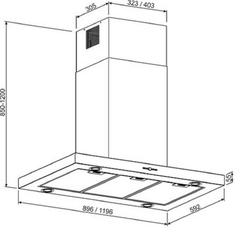 GURARI Inselhaube GCH I 431 120 IS PRIME+Umluft, Insel Dunstabzugshaube 120 cm, Edelstahl, 1000m³/h, Fernbedienung