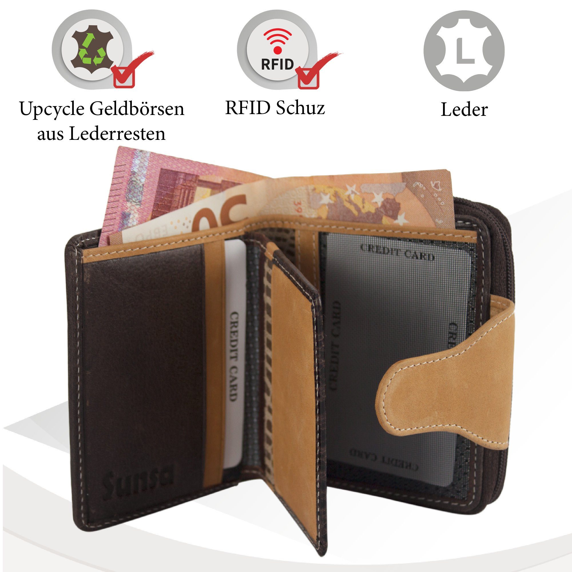 aus Brieftasche, Geldbörse Sunsa echt Leder, Damen echt braun RFID-Schutz Geldbörse recycelten Geldbeutel Lederresten, mit Leder Portemonnaie