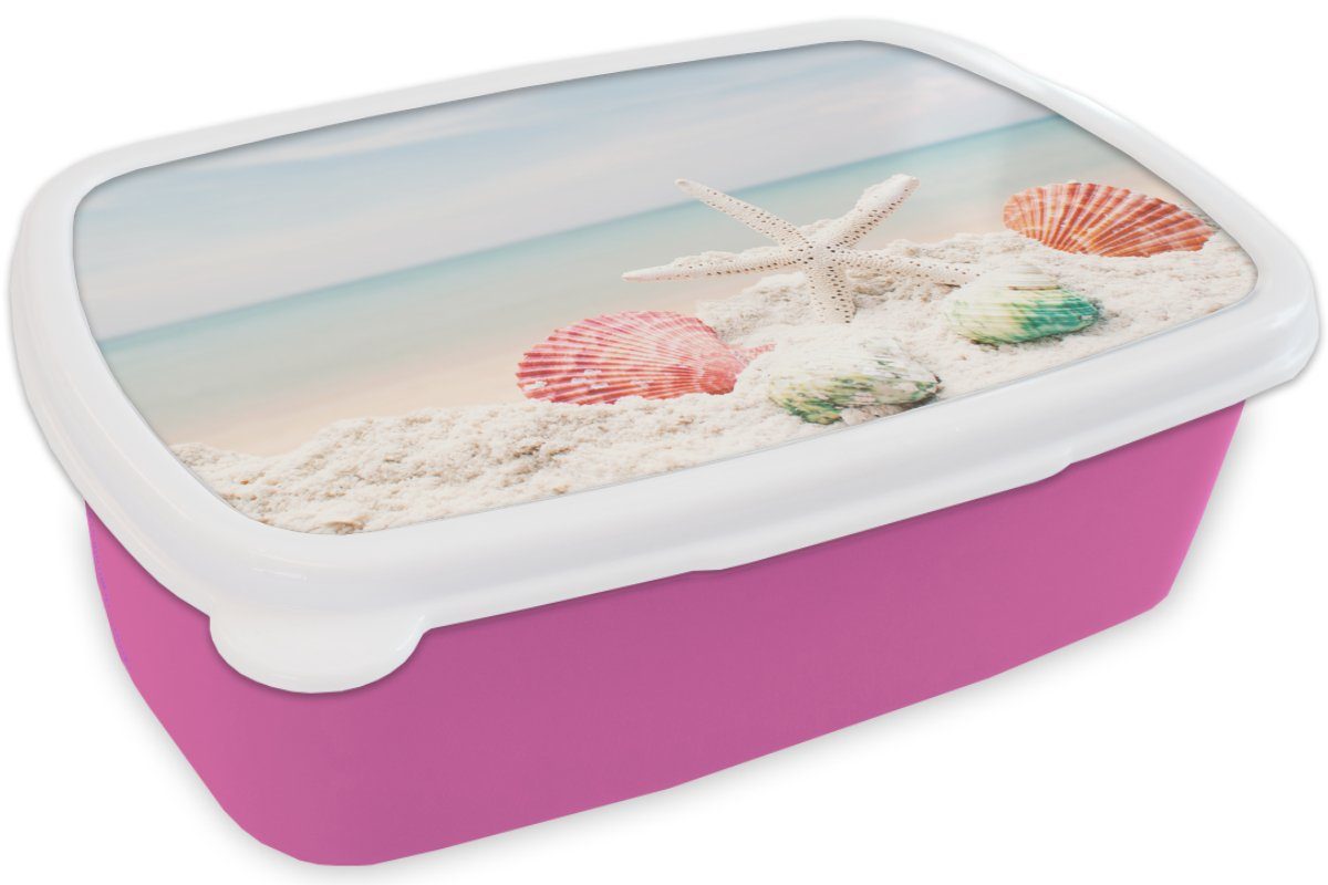 MuchoWow Lunchbox Seesterne Brotbox Muscheln Snackbox, Meer, Erwachsene, Kinder, - Brotdose Mädchen, (2-tlg), - Kunststoff, rosa Kunststoff für