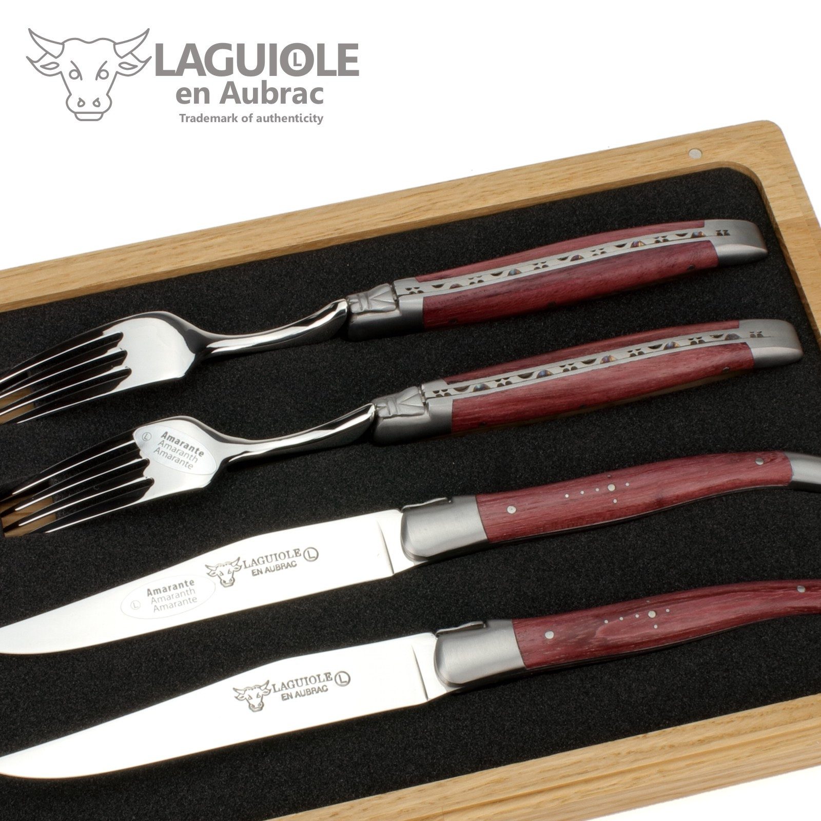 Laguiole en Aubrac Steakbesteck CCF99ATI, 2 Messer / 2 Gabeln - Griff Amaranth - Backen matt - Stahl glänzend