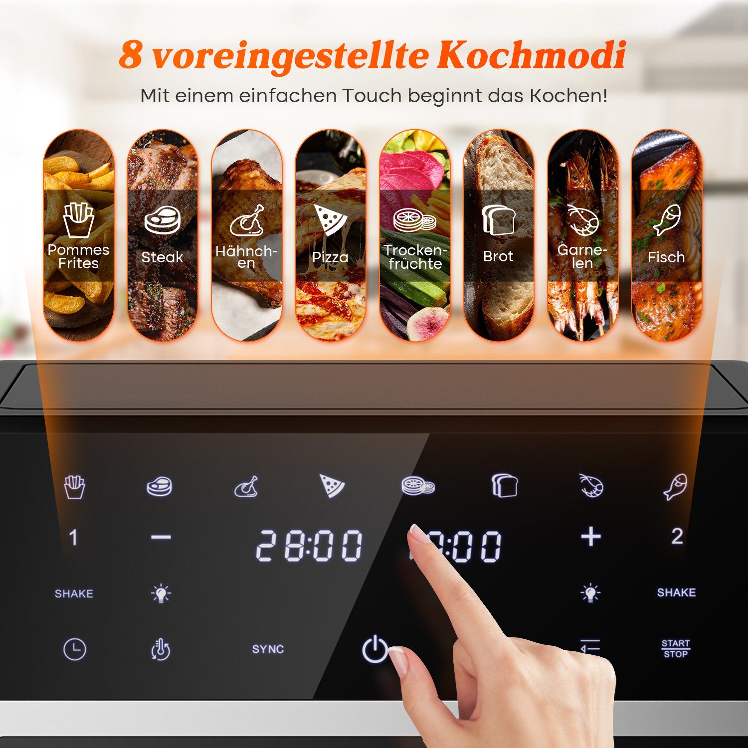 Fukstern Heißluftfritteuse 2 Kammern, 2 Schubladen,Airfryer 11L mit Sichtfenster, Touchdisplay, 8 voreingestellte Programme, unabhängiger Temperaturregelung, Antihaft-Metallkörbe, 5.5L+5.5L, fettarmes gesundes Kochen, 2400 W, 2400 W, inklusive Grillzange (Backzange) und Öl-Pinsel