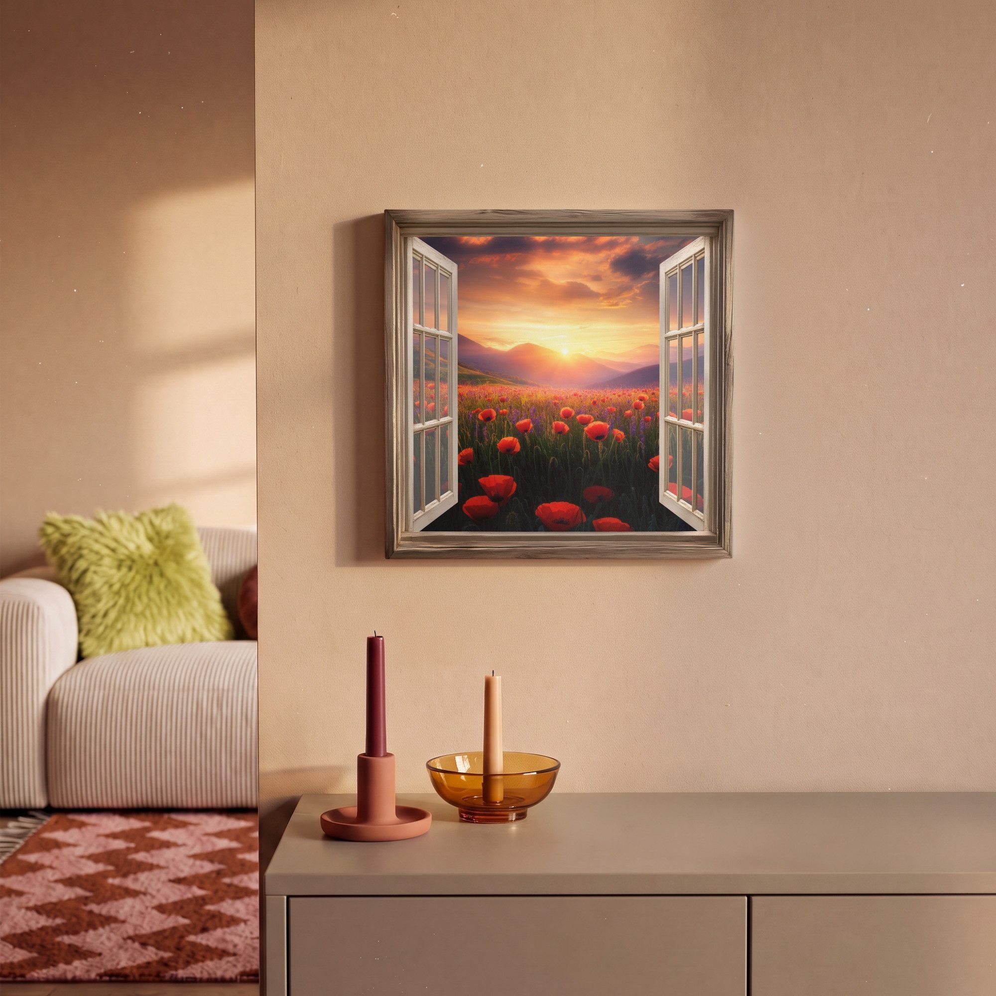 OneMillionCanvasses® Leinwandbild Fensterblick - Fenster - Mohnblumen - Blumen - Rot - Offenes Fenster, Fotodruck (1 St), Leinwand Canvas Wandbild, Wanddekorati – Bild 2 von 5