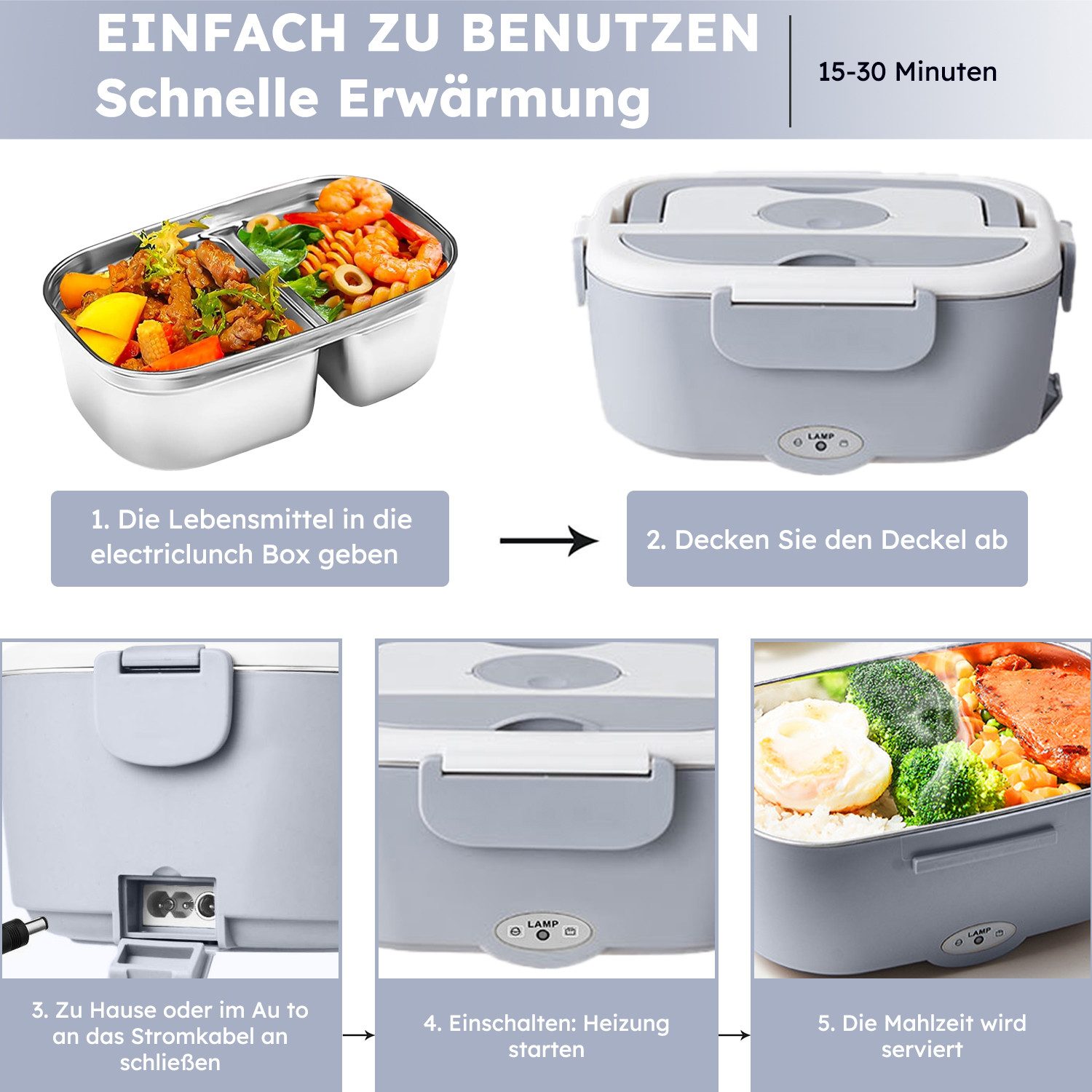 MOPUEA Elektrische Lunchbox 3 in 1 Elektrische Lunchbox, Lunchbox Brotdose aus Edelstahl, (isolierte Lunchbox für Zuhause und Auto) – Bild 2 von 5