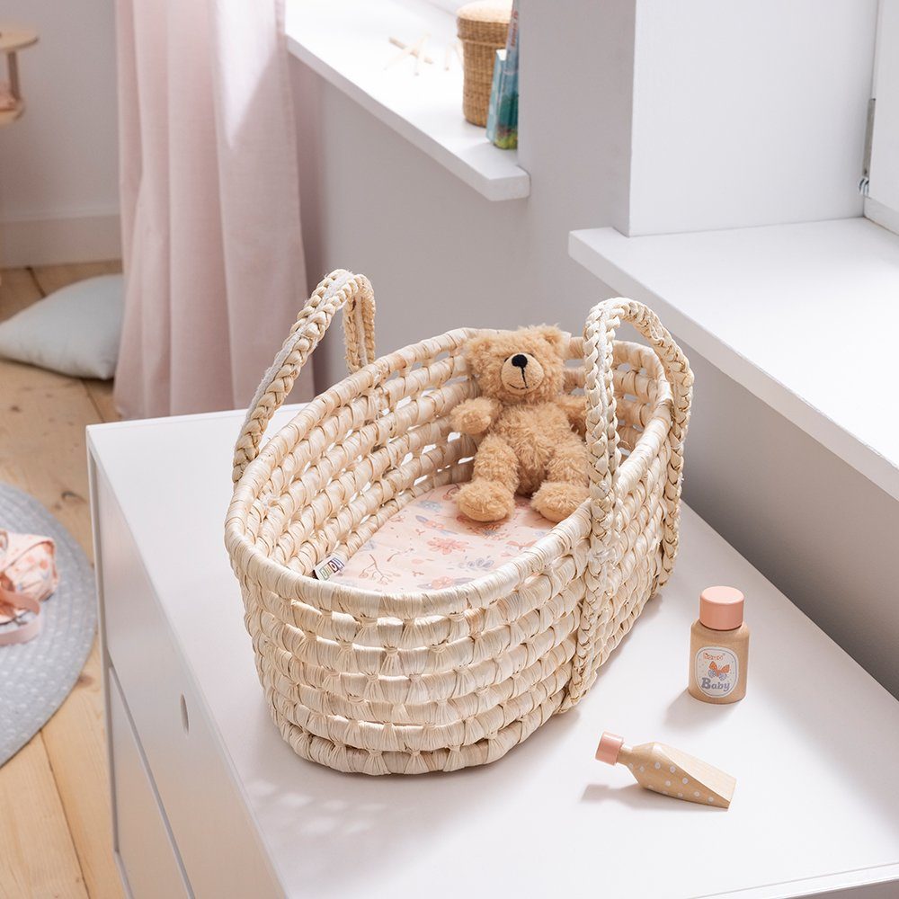 howa Puppen Tragetasche miniflowers, Puppentragekorb aus Seegras inkl. Matratze für Puppen bis 50 cm