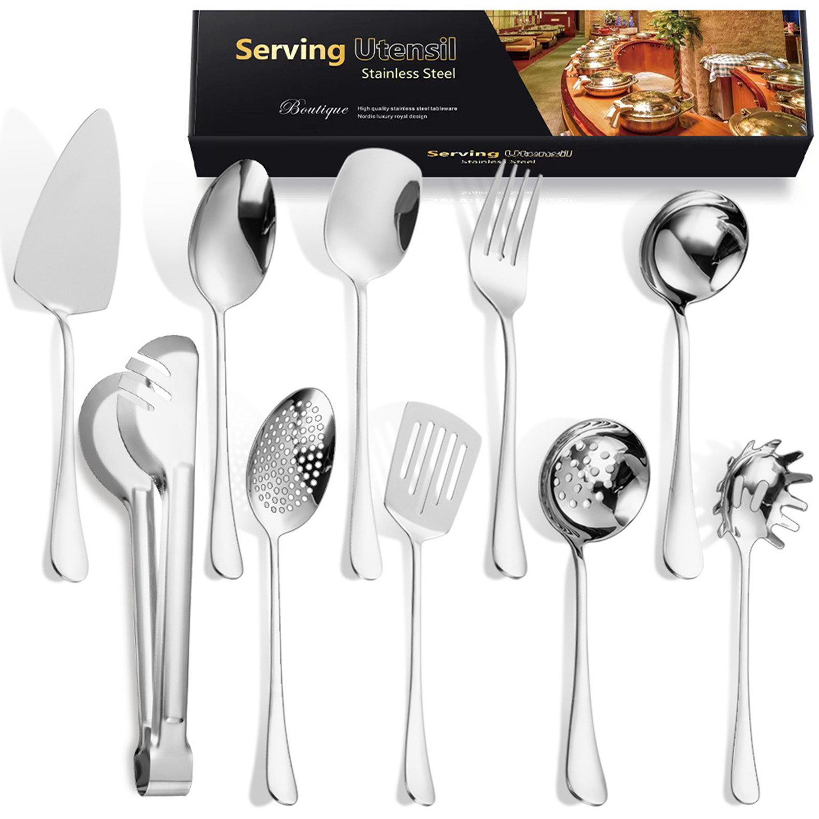 SURFOU Geschirr-Set 10-tlg. Servierbesteck Edelstahl, Flachschaufel, Nudelheber usw., Für Buffet, Grill: Schöpflöffel, Schaumlöffel, Spülmaschinenfest