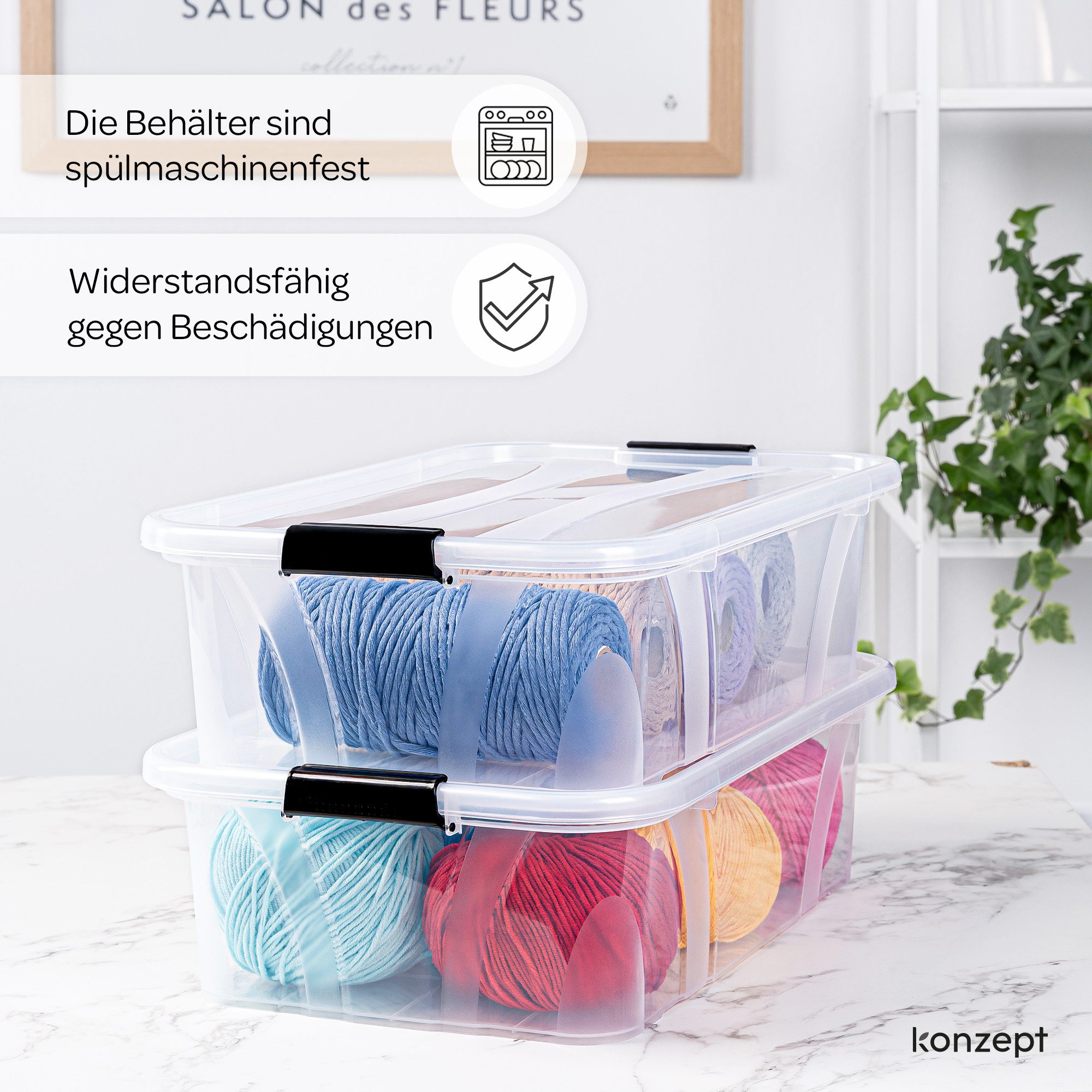 KONZEPT Aufbewahrungsbox Plastikbox mit Deckel Set 4 Stk. 7L /14L Transparent, Stapelbar, Abschließbar, Feuchtigkeitsbeständig, Luftdicht – Bild 5 von 5