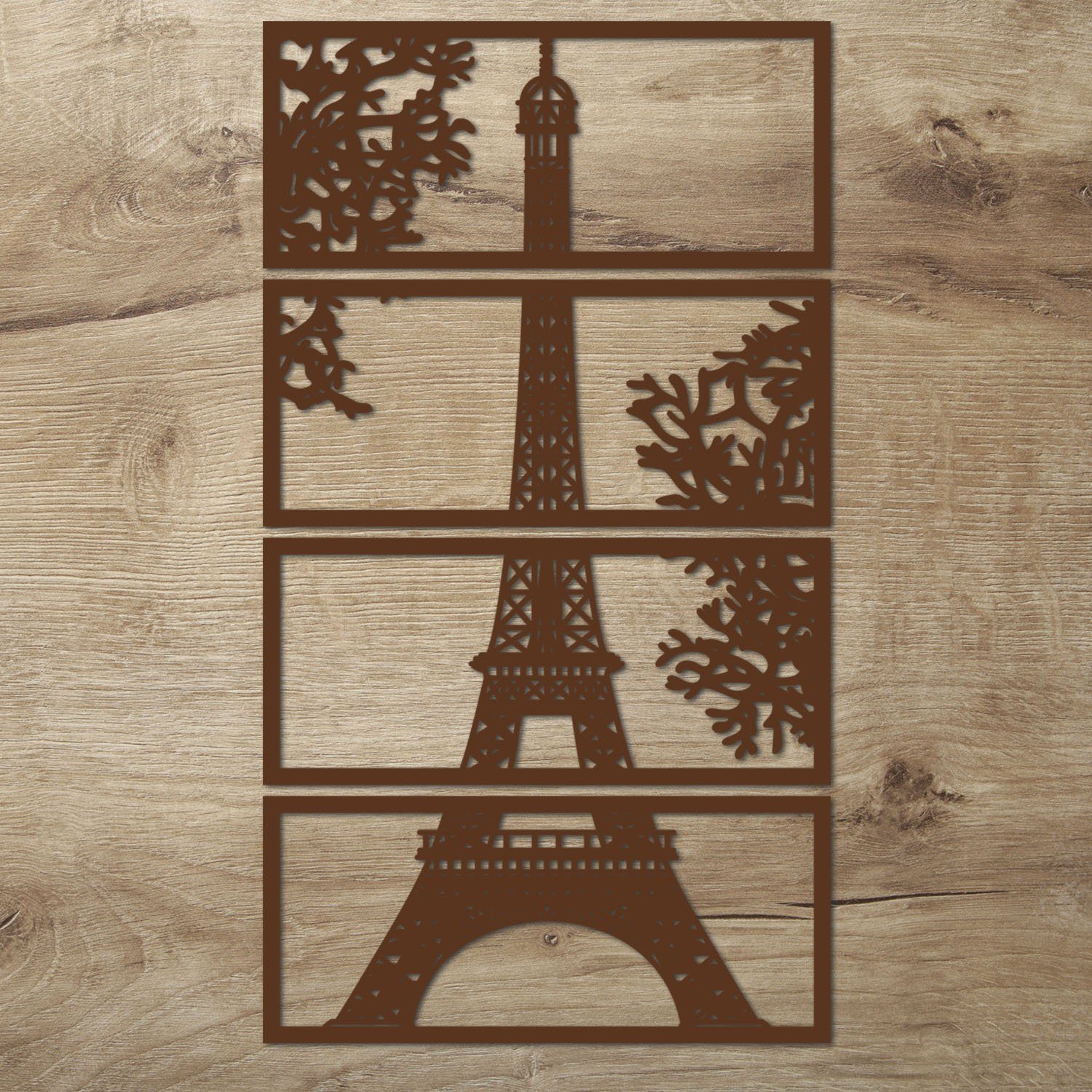 Namofactur Wanddekoobjekt XXL Eiffelturm Holz Wandbild Paris Wanddeko Wohnzimmer Schlafzimmer (6mm, 4-teilig), 3D-Wandtattoo Eiffelturm Paris gerahmt Wandgestaltung für dein Zuhause