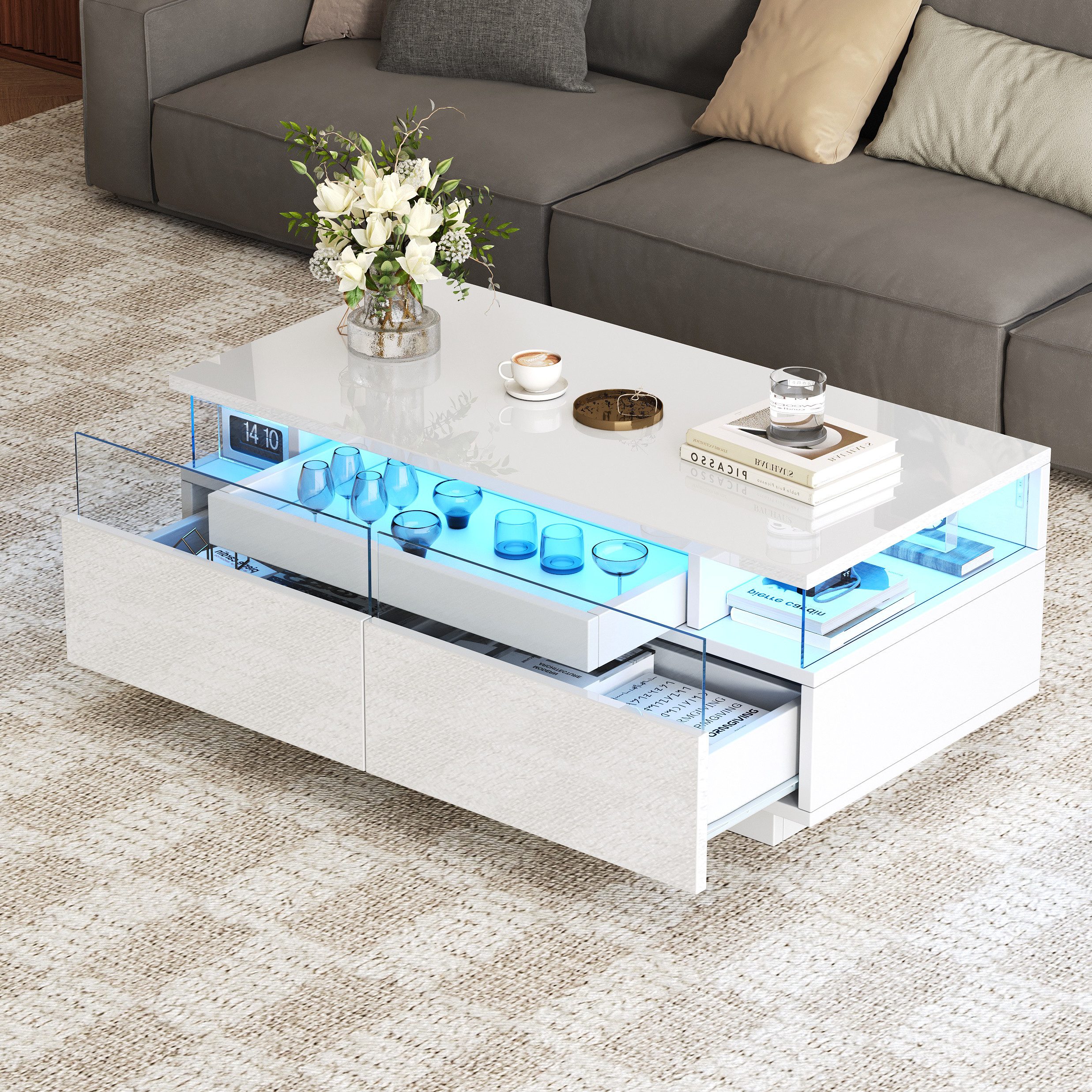 Couchtisch Hochglanz-Couchtisch mit 2 Schubladen, mit Tablett, LED-Licht, Weiß