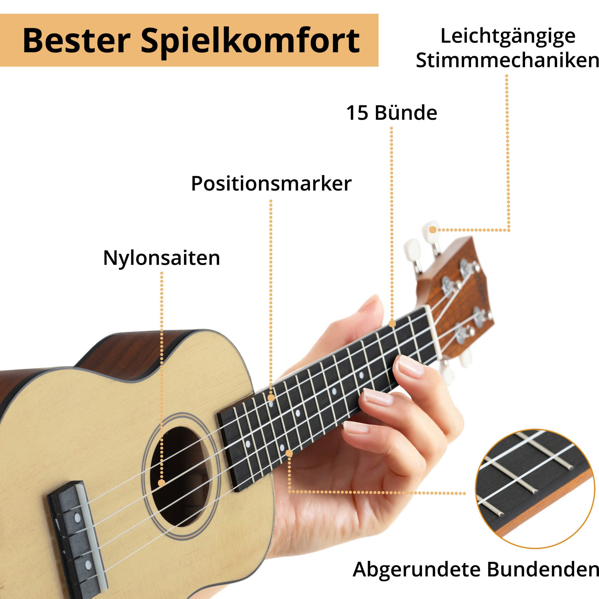 Classic Cantabile Ukulele “Natur”, Sopranukulele, Aus hochwertigen Tonhölzern gefertigt