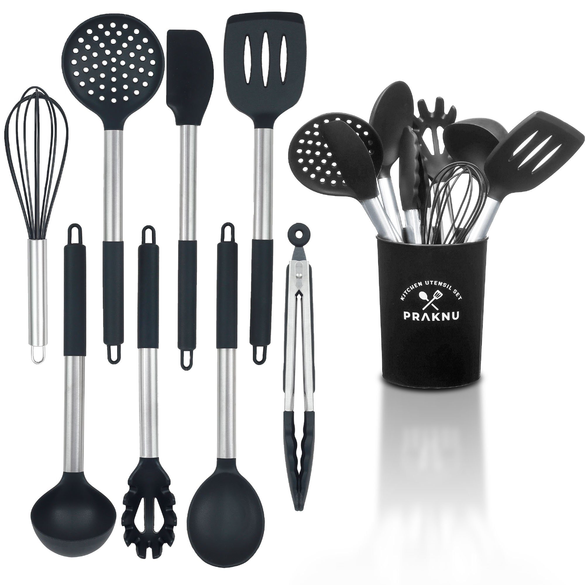 Praknu Kochbesteck-Set - 8 Silikon Küchenhelfer, Edelstahl Kochgeschirr Küchenutensilien (Set, 8-tlg), Küchen Accessoires Zubehör Haushalt Set & Halterung / Aufhängeschlaufe