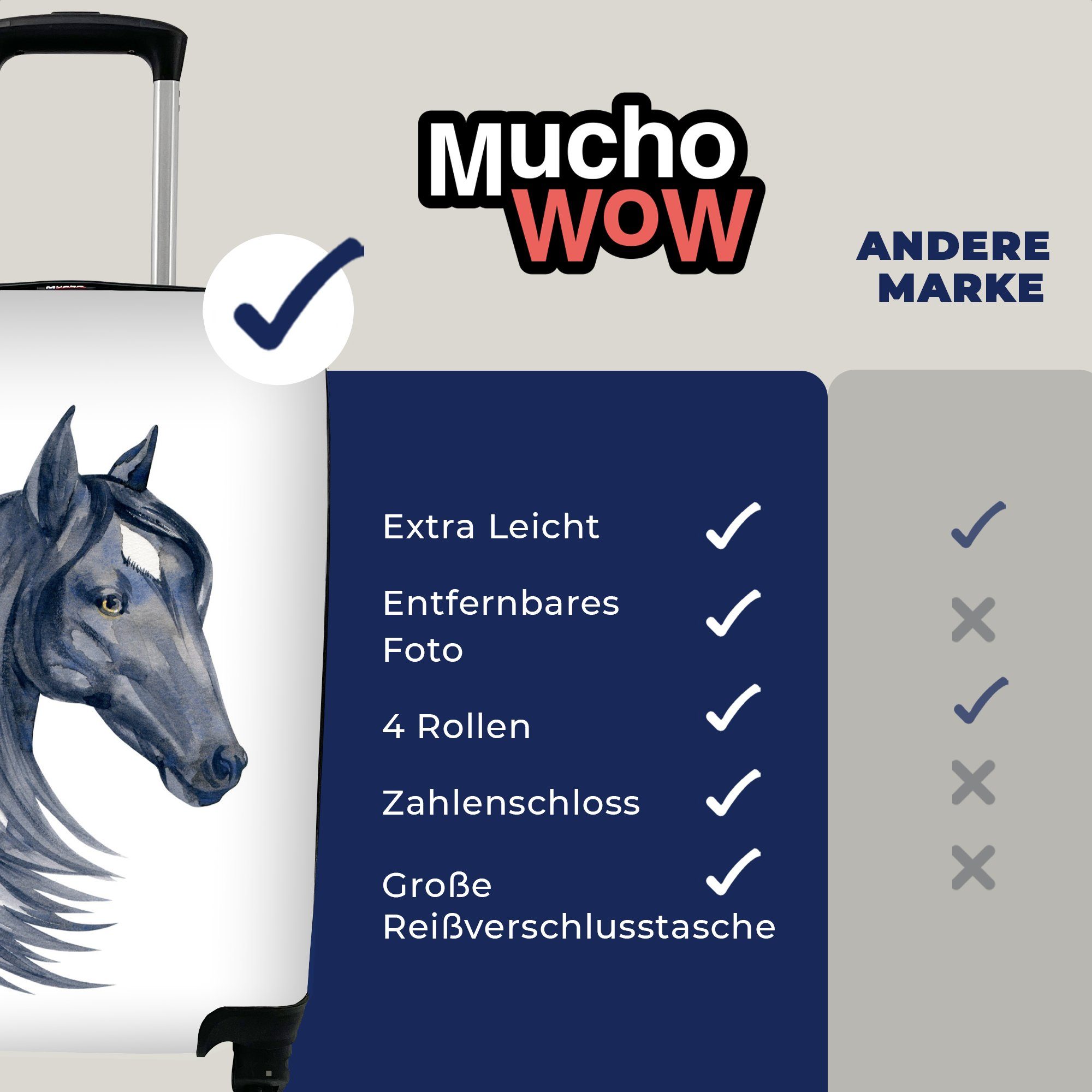 mit MuchoWow für 4 Handgepäckkoffer rollen, Aquarell Mädchen, Reisetasche Schwarz Pferd Mädchen Kinder - - - - Reisekoffer Handgepäck - Ferien, Trolley, Rollen,