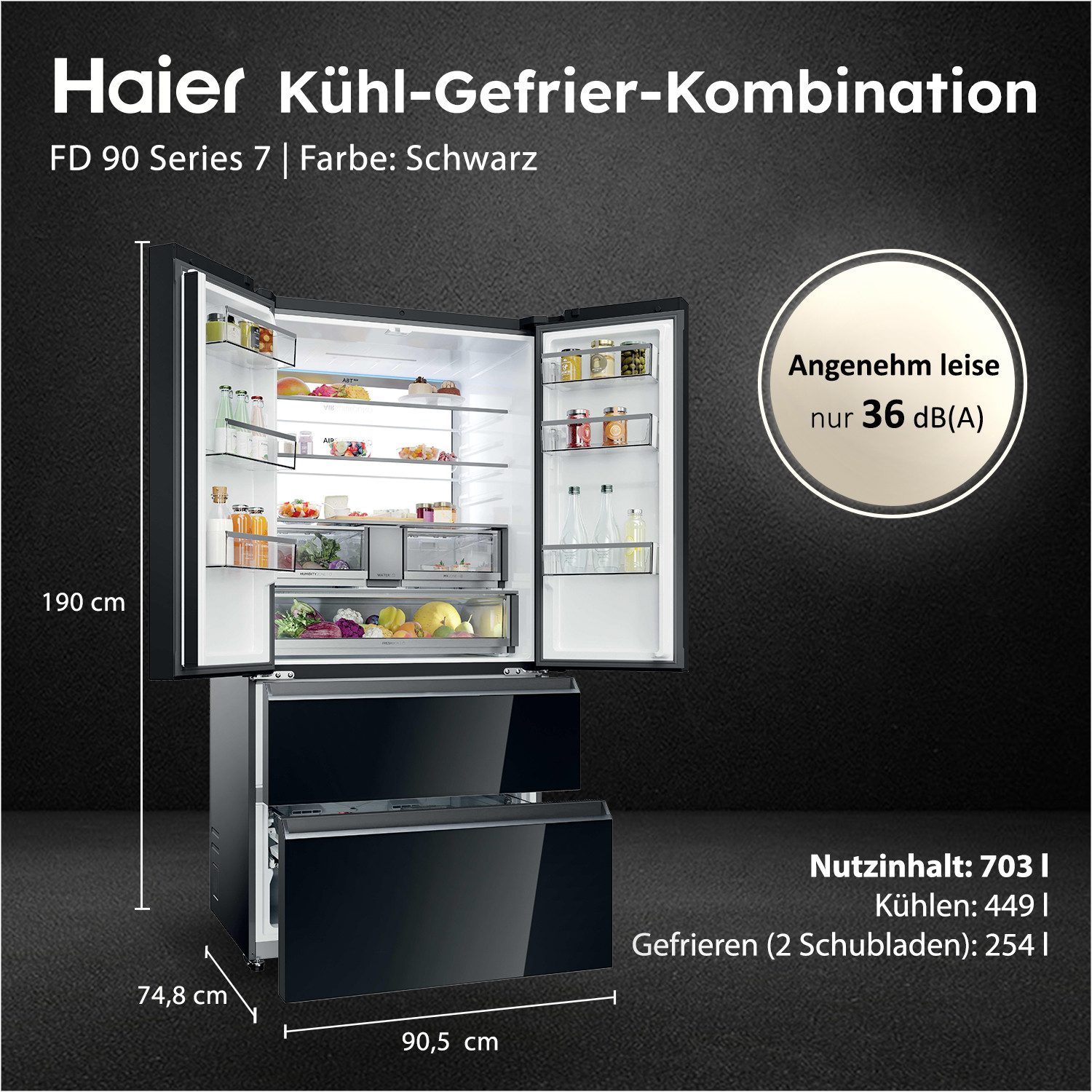 Haier Kühl-/Gefrierkombination HFR79F19DFGB, 190 cm hoch, 90,5 cm breit, Integrierter Eiswürfelspender mit Wassertank