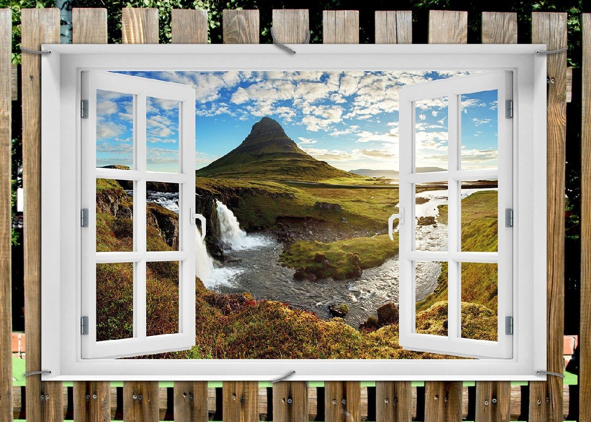Thumbnail - Wallario Sichtschutzzaunmatten Island Panorama Fluss Berge und blauer Himmel, mit Fenster-Illusion