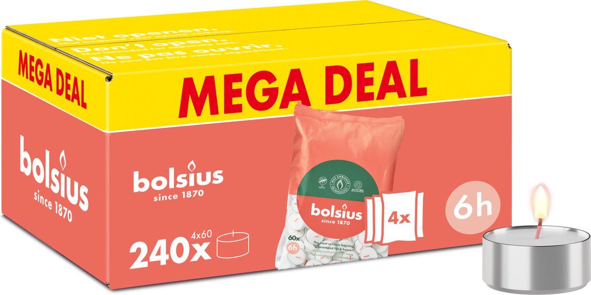 Bolsius Teelicht Großverpackung Wachskerzen 240 Stück Weiß 6 Stunden Brenndauer (240-tlg)