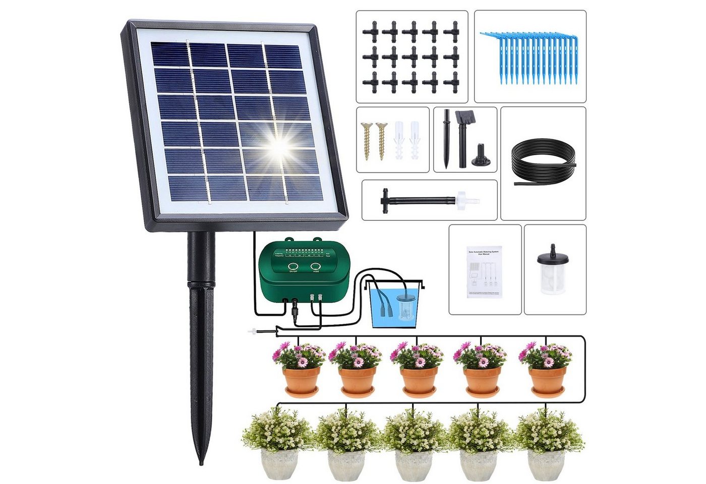 SEEZSSA Solarpumpe Solar-Bewässerungssystem mit 12 Zeitschaltmodi 15m Wasserleitungssatz, für Rasenbewässerung, Garten, Gemüsebeete, Topfpflanzen. schwarz Rabatt: 33 %