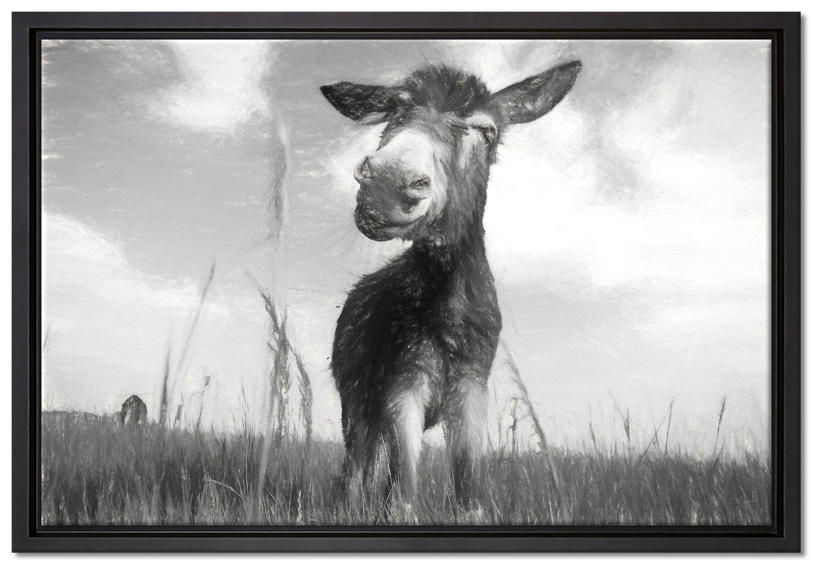 Pixxprint Leinwandbild Esel im Feld, in fertig Schattenfugen-Bilderrahmen bespannt, Wanddekoration (1 gefasst, Zackenaufhänger inkl. St), Leinwandbild einem