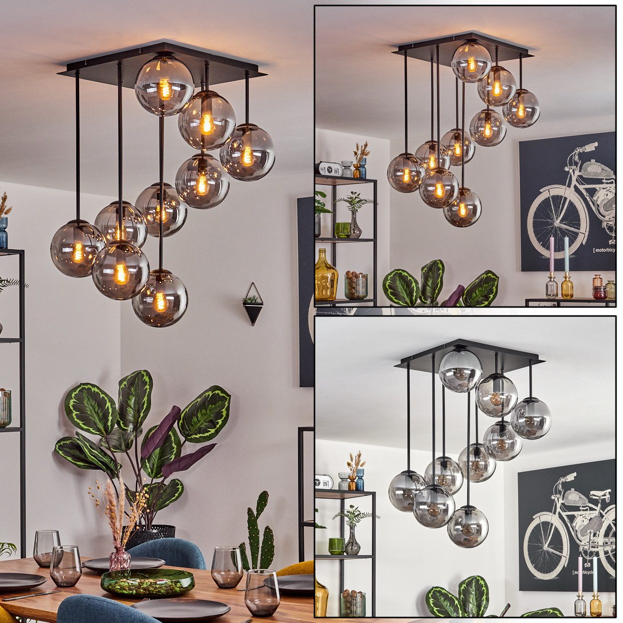 hofstein Deckenleuchte Deckenlampe aus Metall/Glas in Schwarz, ohne Leuchtmittel, Glasschirme (15 cm), 9 x E14, ohne Leuchtmittel