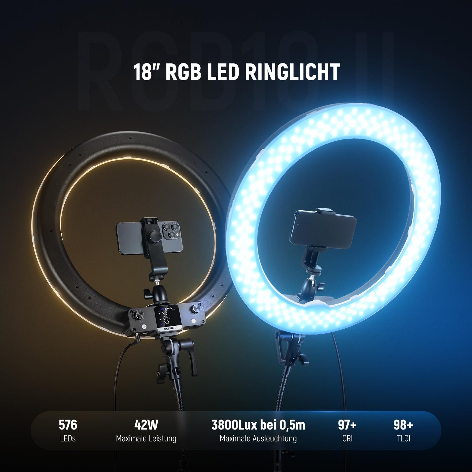 Neewer Ringlicht RGB18 II 18" RGB Ringlicht 42W CRI97+ mit App & Ständer, Energie Efizienz Label (A bis G):F