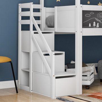 WISHDOR Kinderbett Hausbett Einzelbett (weiß (200x90 cm), mit Treppe und Fenster, mit Lattenrost, Treppe mit 3 Schubladen