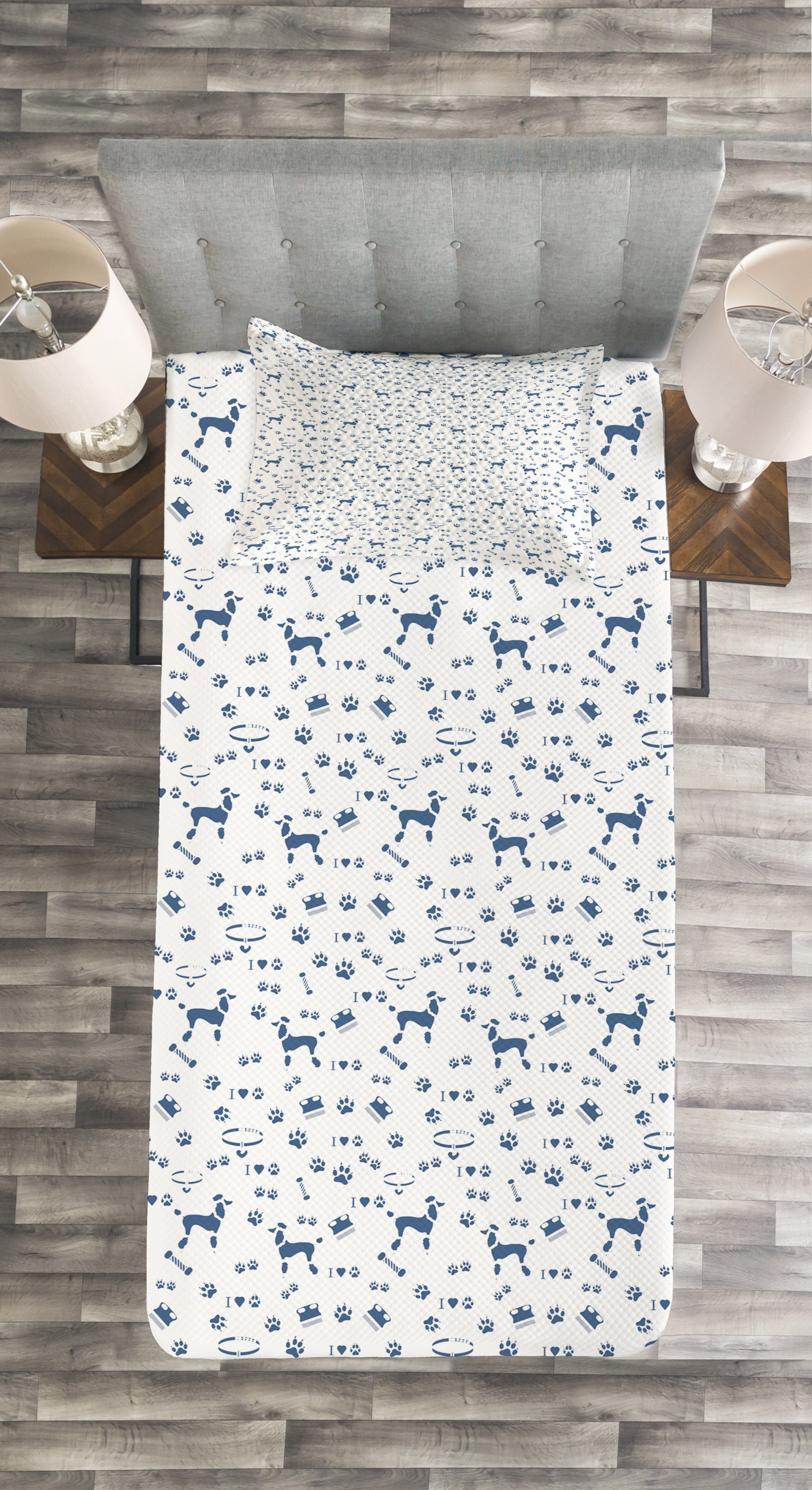 Tagesdecke Set mit Kissenbezügen Tier-Liebhaber Hund Waschbar, und weiß Blau Haustier Abakuhaus