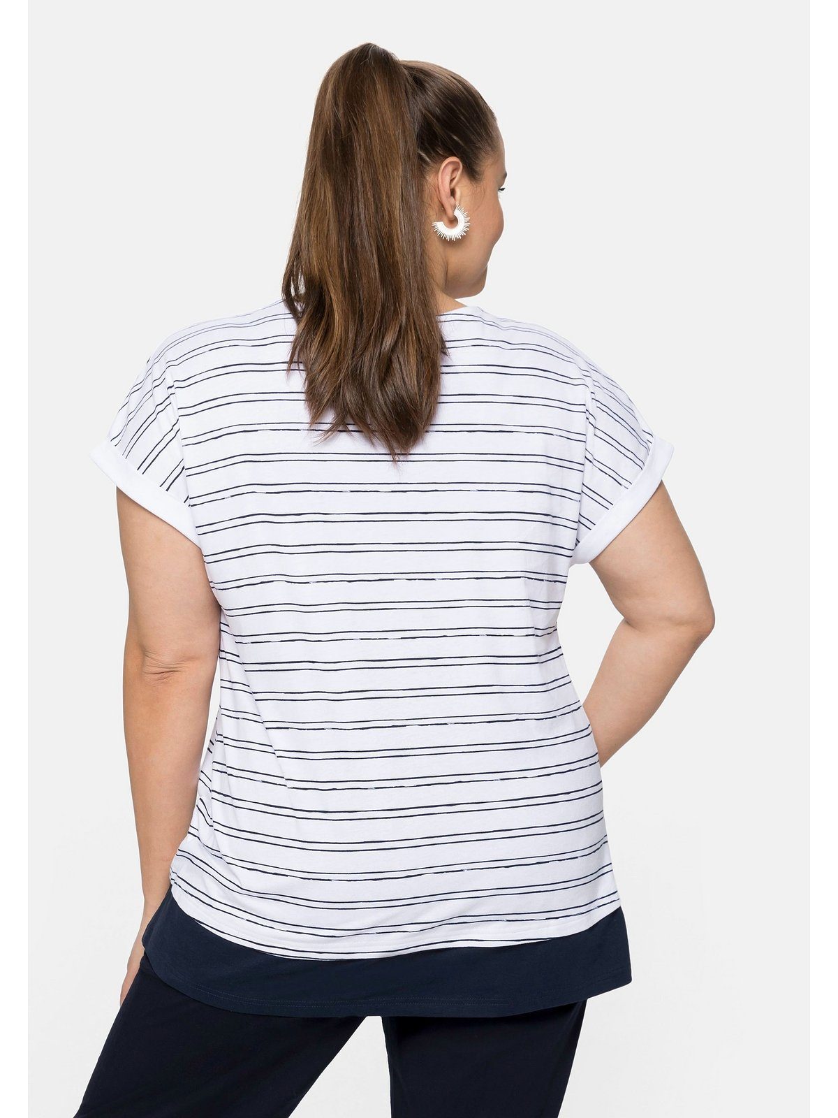 im weiß-marine Sheego Baumwolle reiner T-Shirt Größen aus Lagenlook, Große