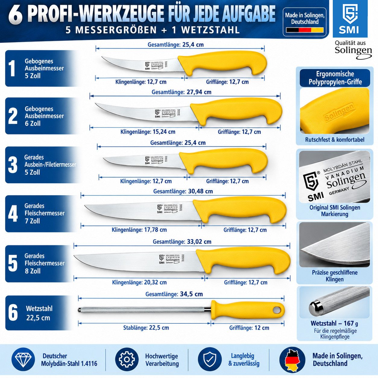 SMI Kochmesser 6-tlg Küchenmesser Set Solingen Metzgermesser Wetzstahl Ausbeinmesser – Bild 4 von 5