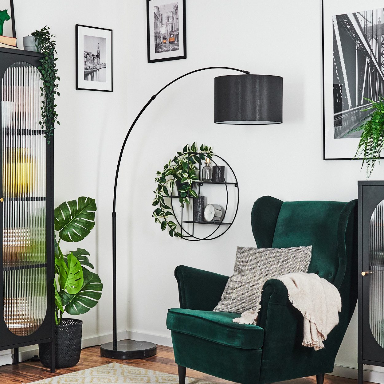 hofstein Bogenlampe Stehlampe mit Marmorfuß aus Metall/Stoff in Schwarz/Weiß, verstellbare Stehleuchte im modernen Design mit Fußschalter, E27