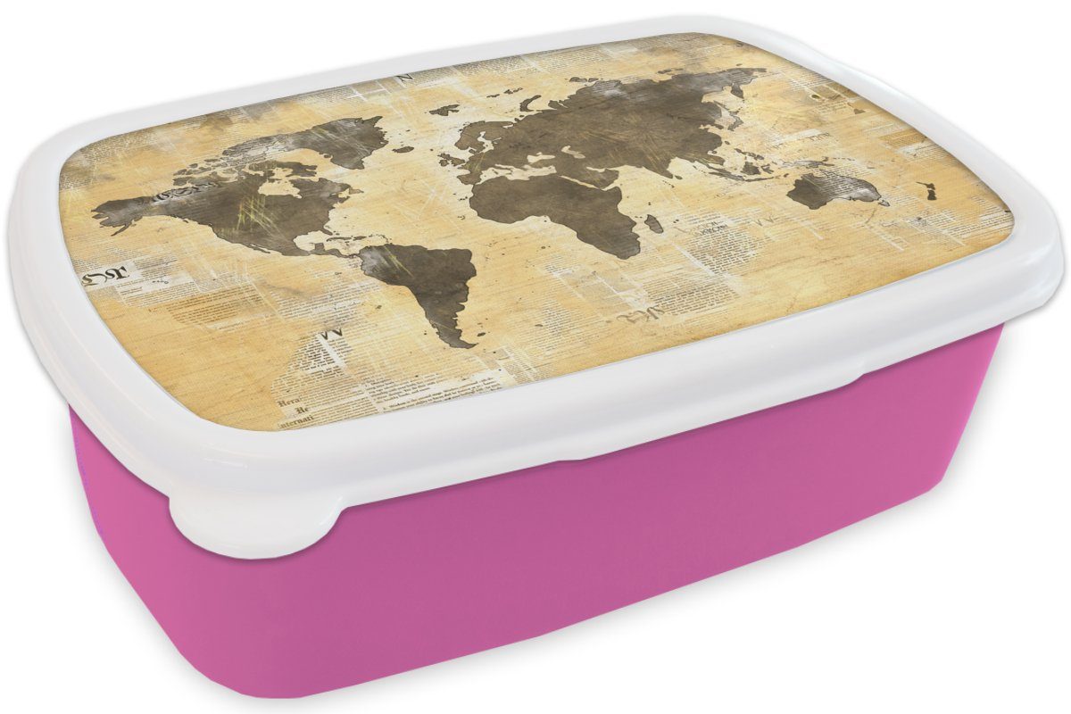 Kunststoff, Kinder, für Erwachsene, Zeitung Kunststoff Mädchen, Lunchbox Snackbox, Weltkarte - - MuchoWow rosa Brotbox (2-tlg), Gold, Brotdose