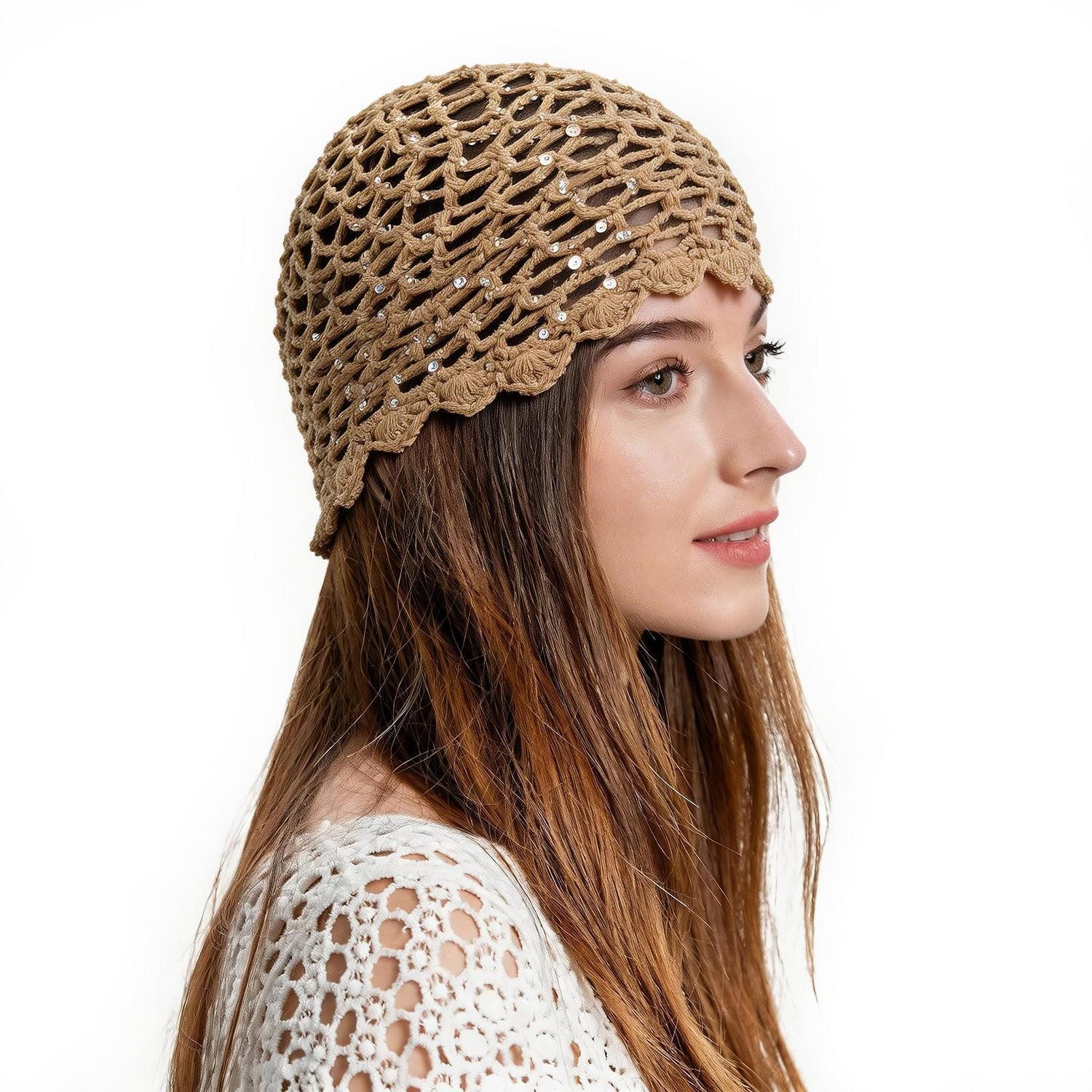 LuxusKollektion Schlupfmütze Sommermütze Häkel Blumen khaki (1-St)