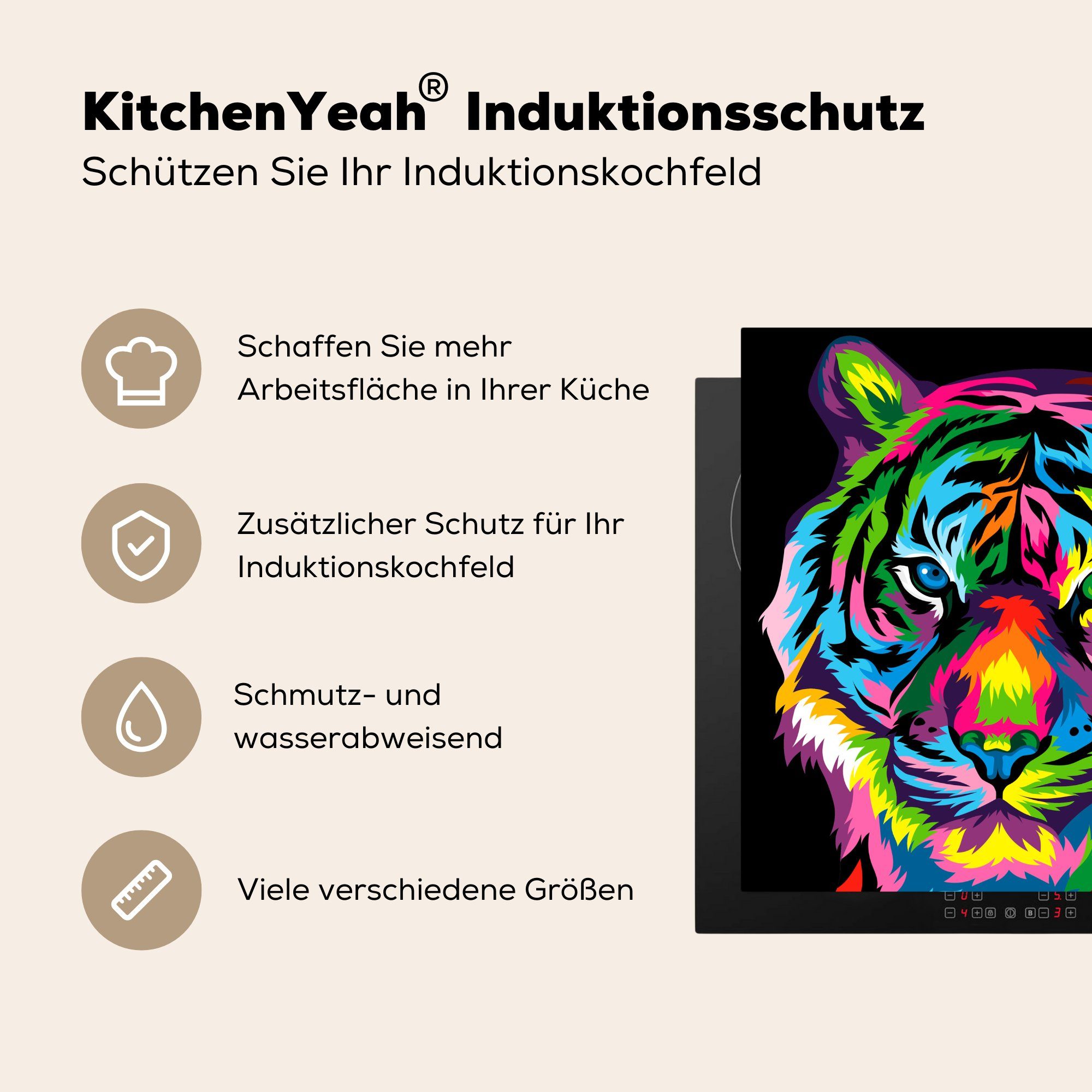 MuchoWow Herdblende-/Abdeckplatte Tiger - Regenbogen - für (1 küche Ceranfeldabdeckung, Schwarz, Vinyl, 78x78 tlg), cm, Arbeitsplatte