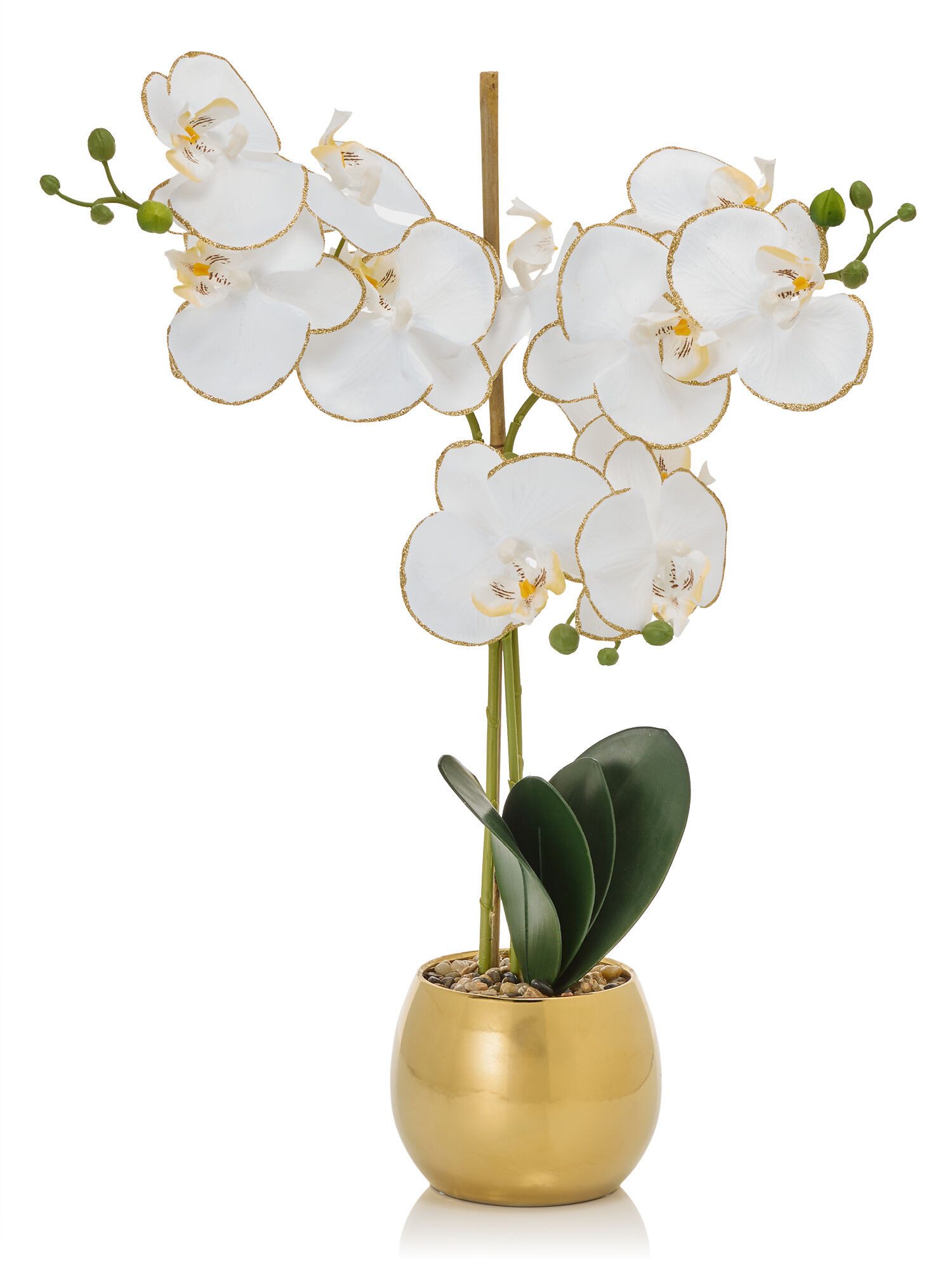 Dekorieren macht glücklich Teelichthalter Phalaenopsis im goldfarbenen Keramiktopf, 12,50 x 10,5 cm (1 St., ca. 51 cm hoch), täuschend echte Orchidee, glitzernde Blüten, pflegeleicht & langlebig