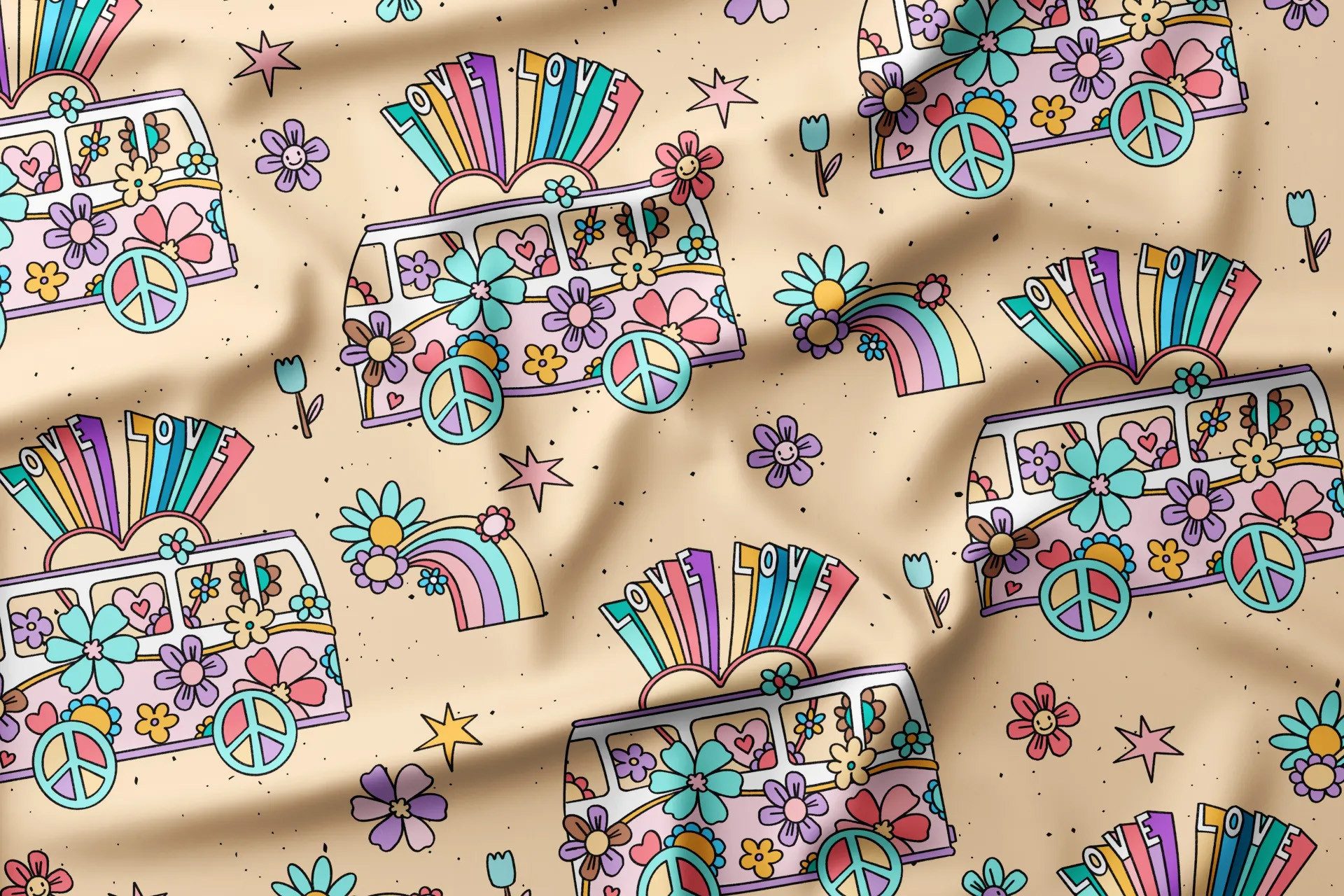 Leylas Welt Stoff Jersey Flowerbus – Katzengold Design 160 cm breit, Baumwolle Elasthan, Reaktivdruck