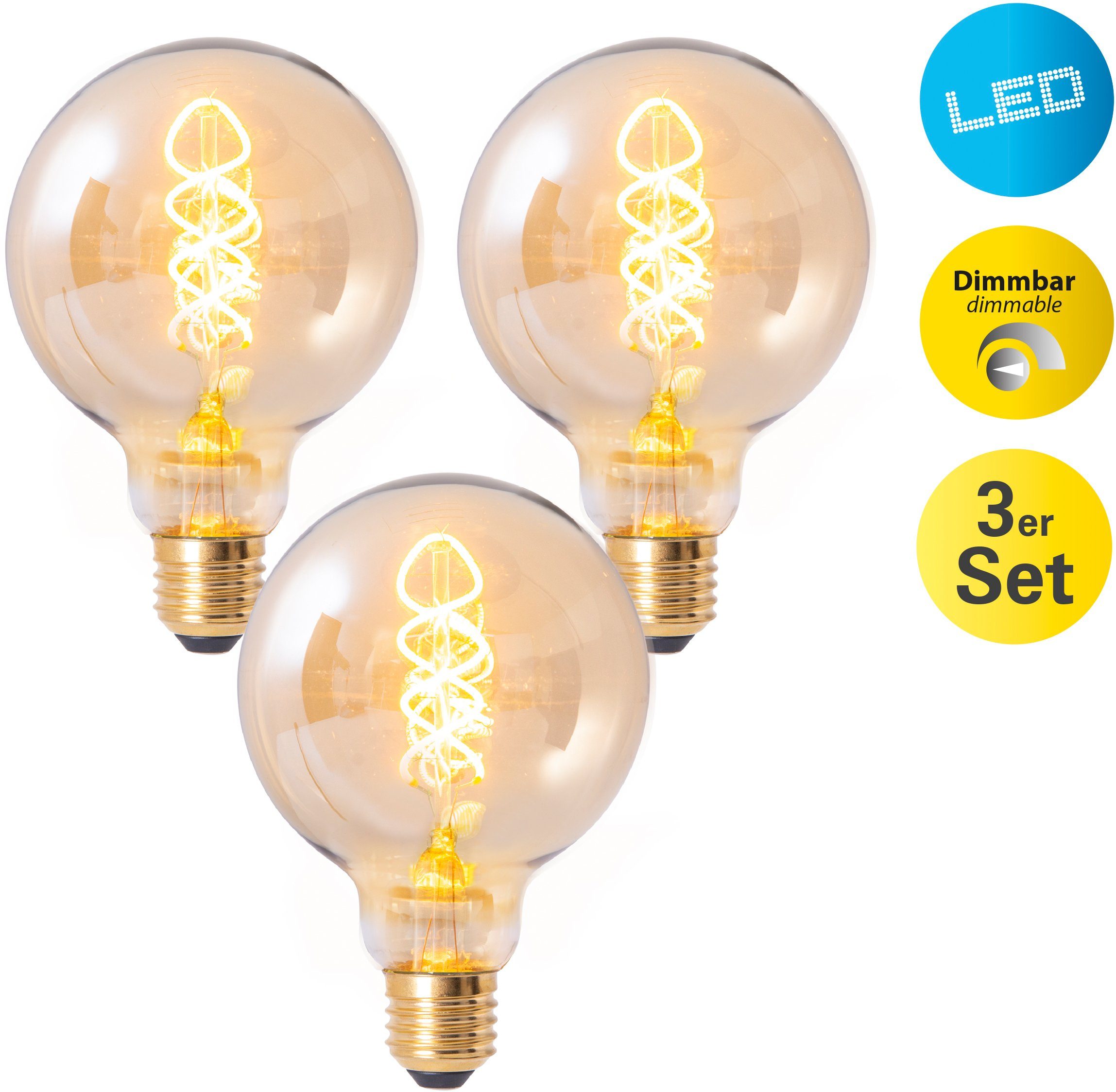 näve LED-Leuchtmittel Dilly, E27, 3 St., Warmweiß, Retro Ø 9,5cm Filament, 3er Set, 4W LED, dimmbar, 1800 Kelvin