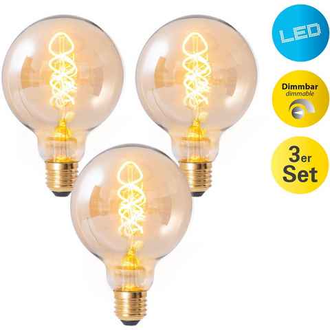 näve LED-Leuchtmittel Dilly, E27, 3 St., Warmweiß, Retro Ø 9,5cm Filament, 3er Set, Effieziensklasse: G, E27/4W LED