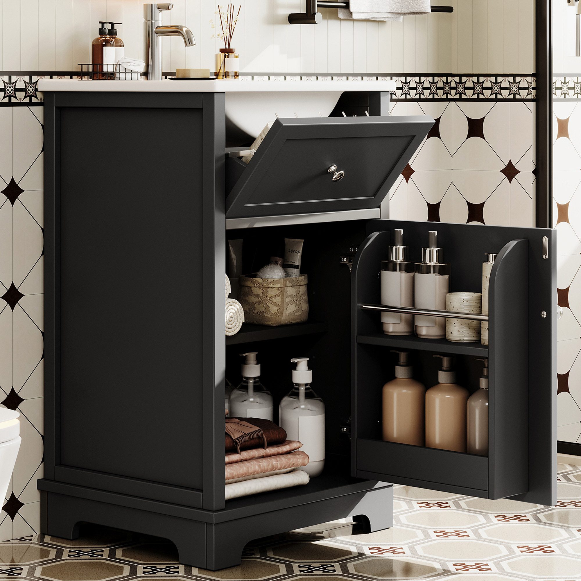 Flieks Waschtisch Waschbeckenunterschrank inkl. Keramik-Waschbecken (bodenstehend, Badschrank mit verstellbarer Einlegeböden, 1-St., B51/T46/H87 cm), Badmöbel-Set Badzimmerschrank mit Klappen und Türablagen Schwarz