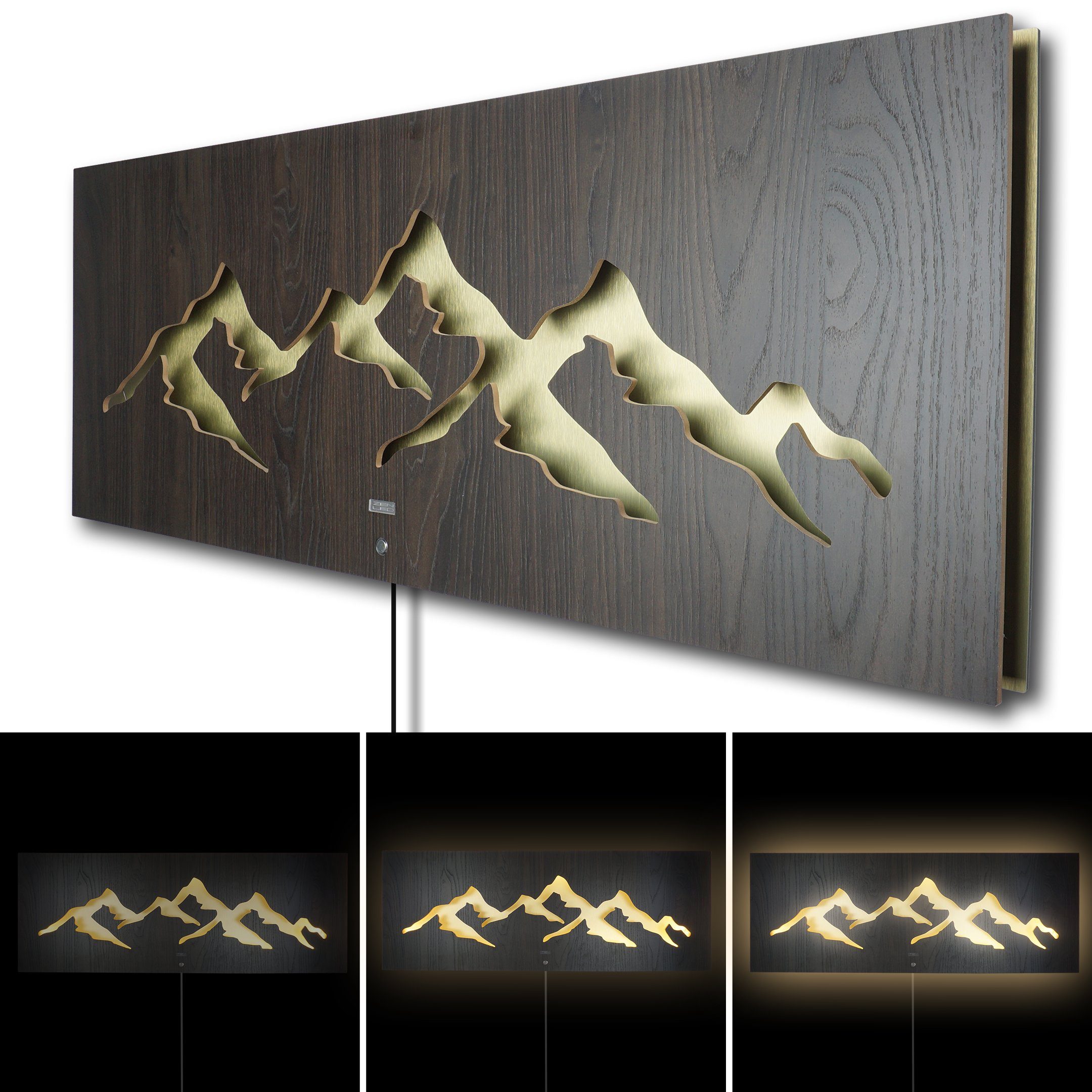 Doppelplatte ZENLED Holz Wanddekoobjekt und auf Natur LEDs GOLD WALNUSS dimmbaren Deko Berge hinterleuchtete - 3D-Lichteffekt, ALU Metall MONTAGNA mit aus mit SCHWARZ 110x40cm Landschaft