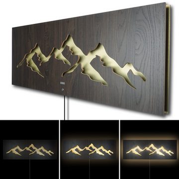ZENLED Wanddekoobjekt MONTAGNA Berge Landschaft 110x40cm - Natur Deko mit 3D-Lichteffekt, mit dimmbaren LEDs hinterleuchtete Doppelplatte aus Holz und Metall