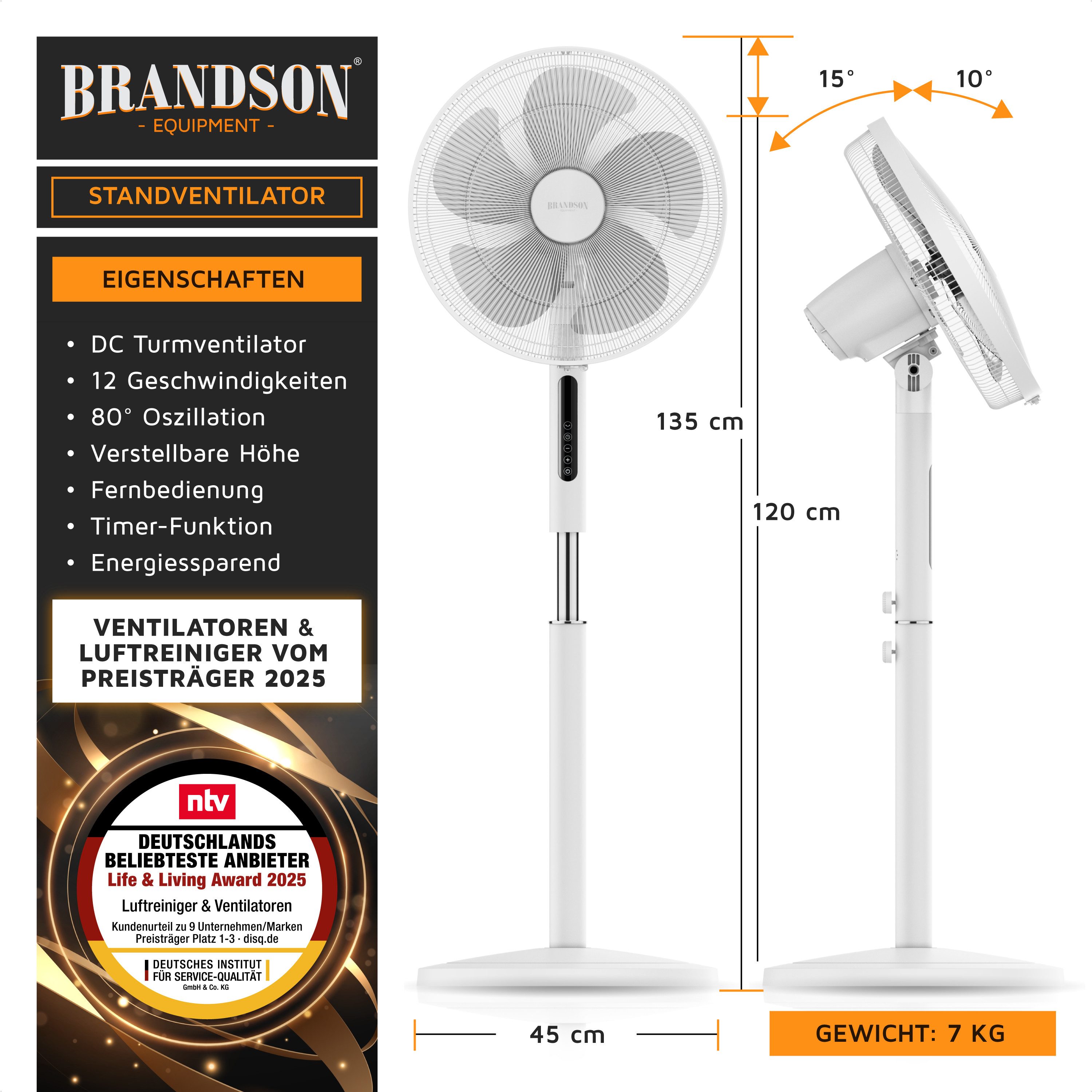 Brandson Standventilator mit Fernbedienung, leise, DC, energiesparend, Oszi günstig online kaufen