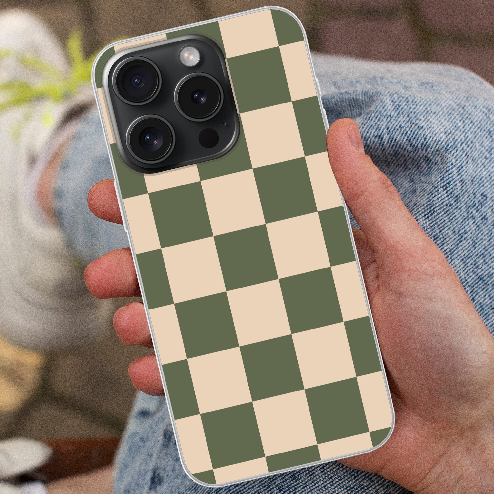 MuchoWow Handyhülle für Apple iPhone 15 Pro Schachbrettmuster - Grün - Beige - Blöcke, Smartphone-Bumper, Print, Handy Schutzhülle Dünn