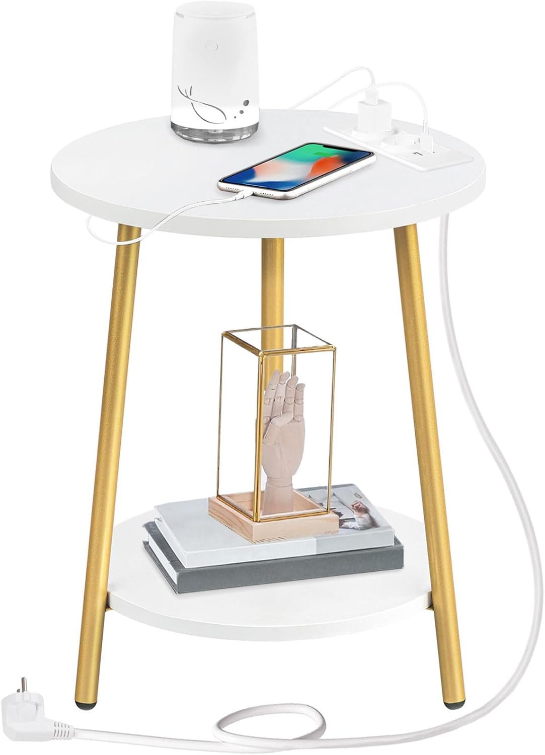 Hoobro Beistelltisch mit Ladestation (runder Couchtisch mit 2 Ebenen, Nachttisch mit USB & Steckdosen), modern & platzsparend
