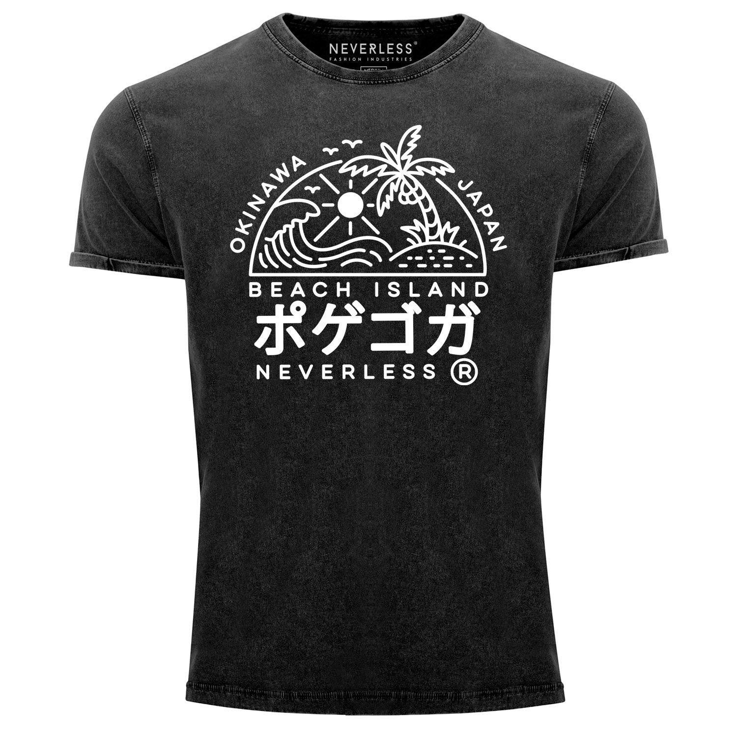 Neverless Print-Shirt Herren Vintage Shirt Japan Okinawa Beach Island Schriftzeichen Printshirt T-Shirt Aufdruck Used Look Neverless® mit Print schwarz