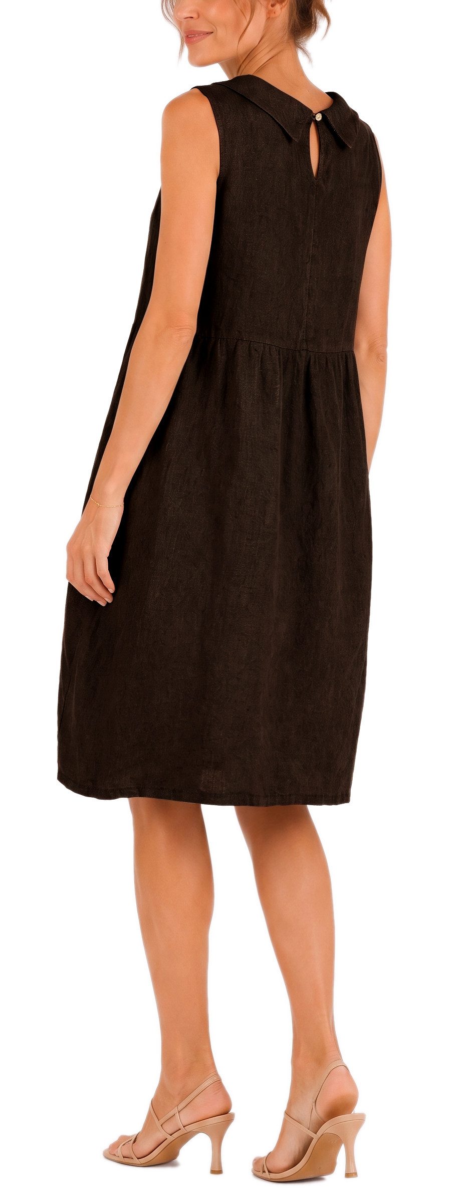 dy_mode Midikleid Damen Leinenkleid Luftiges Midi Sommerkleid Ballonkleid Strandkleid in Unifarbe, Wasserfallkragen, mit seitlichen Eingriffstaschen – Bild 3 von 5
