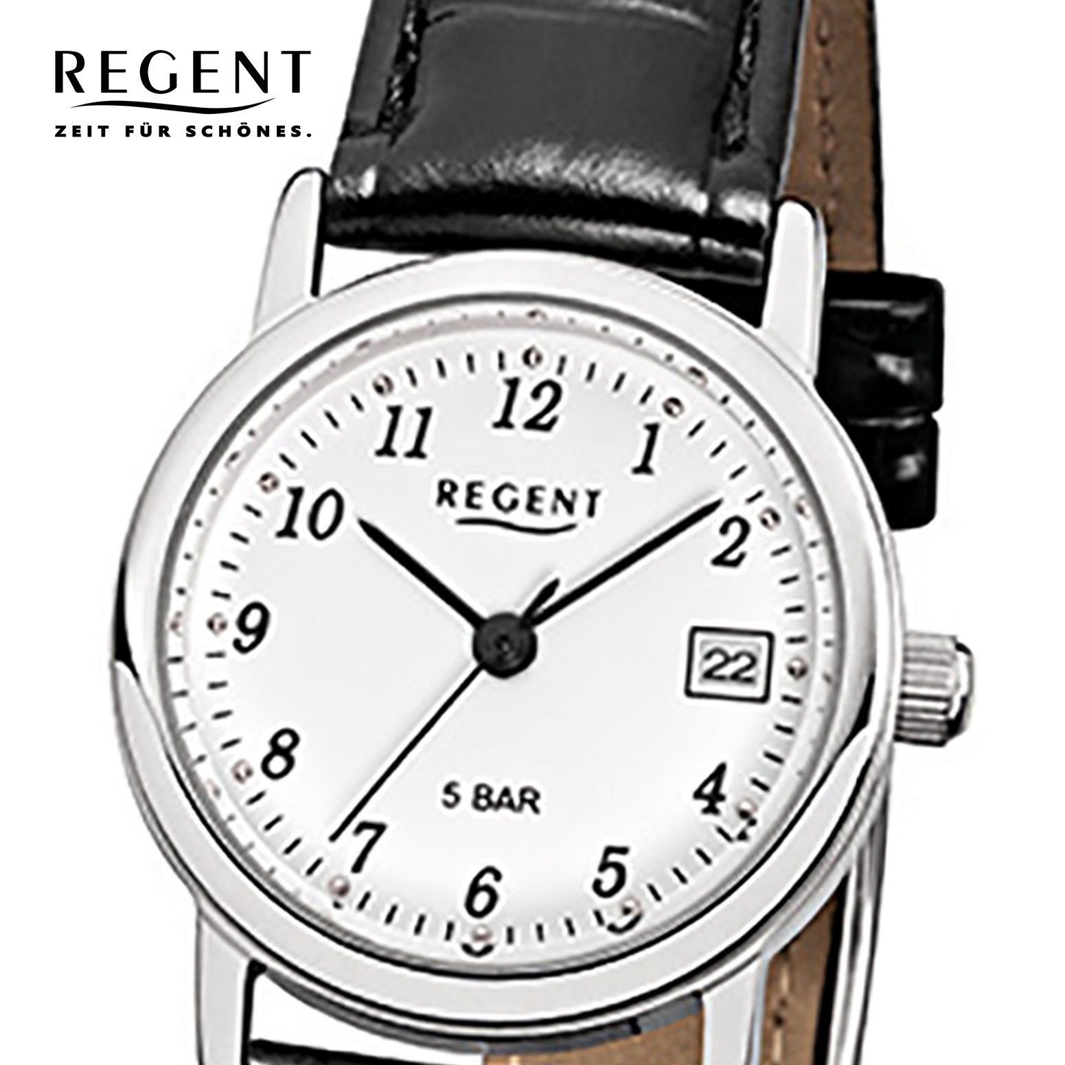 Regent schwarz 25mm), Regent Damen-Armbanduhr Armbanduhr Quarzuhr (ca. Analog, Lederarmband klein rund, Damen