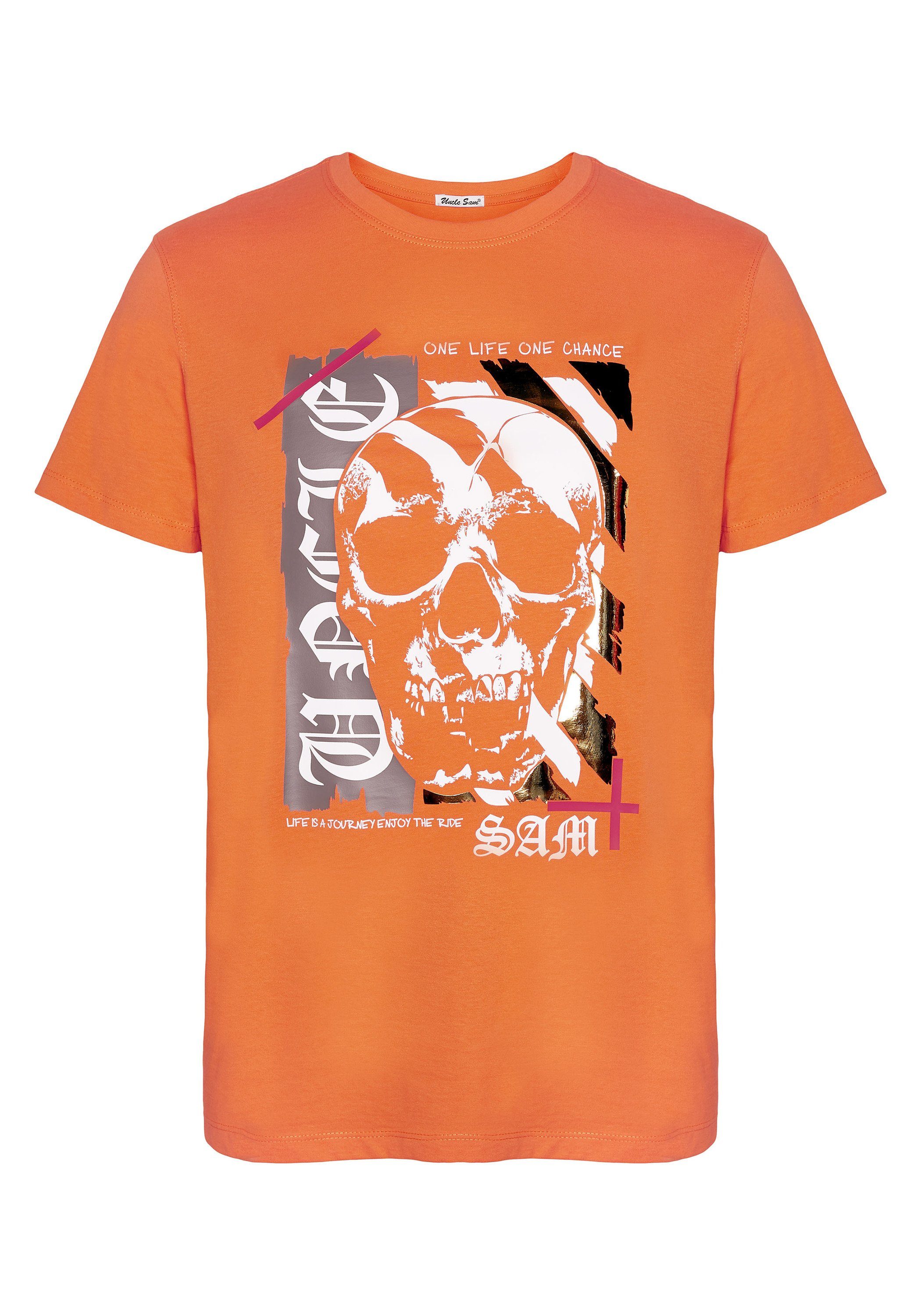 Uncle Sam Print Orange Vermillon Totenkopf Print-Shirt mit 16-1362