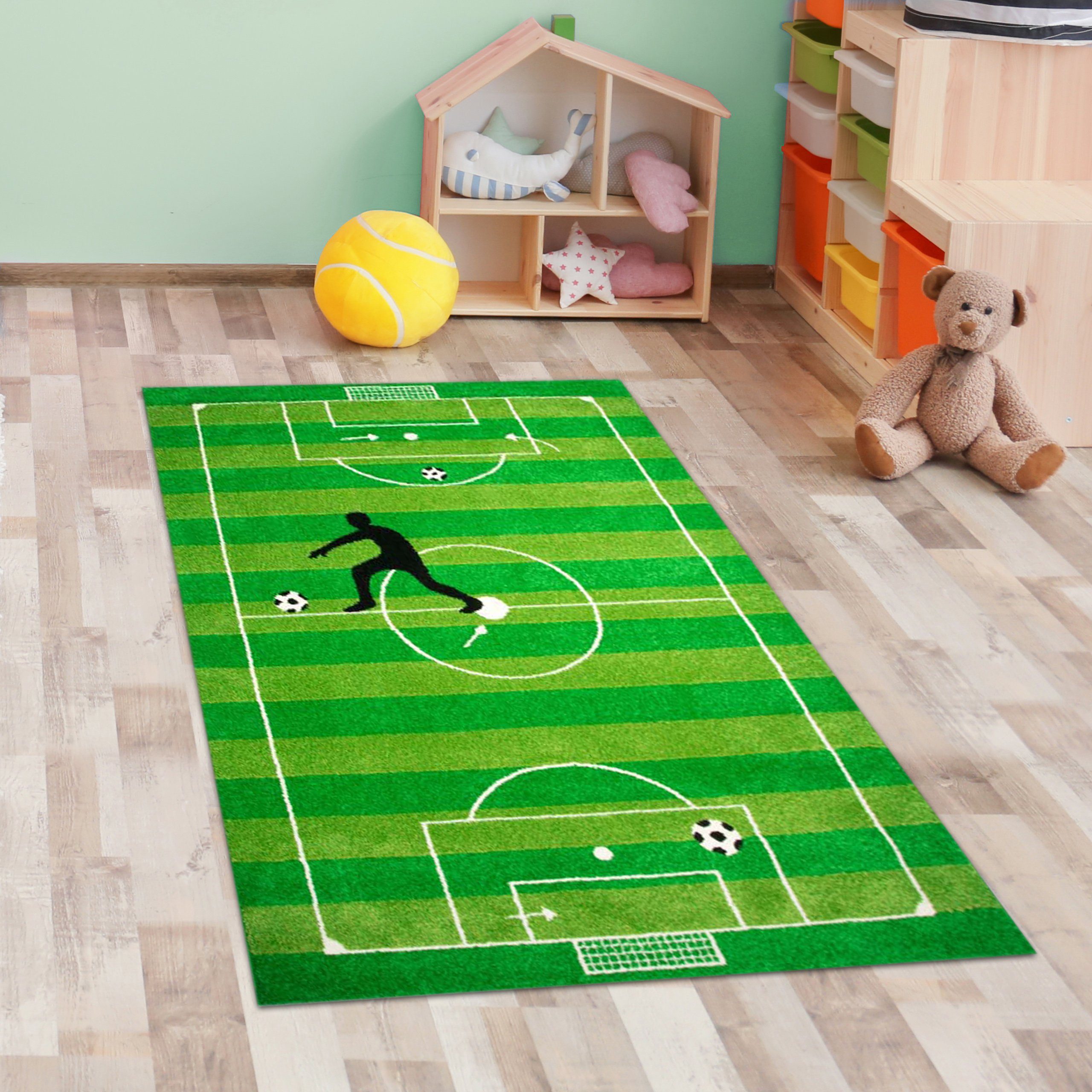 Kinderteppich Kinderteppich Spielteppich Jungen Kinderzimmer Teppich  Fußball grün, Carpetia, rechteckig, Höhe: 13 mm
